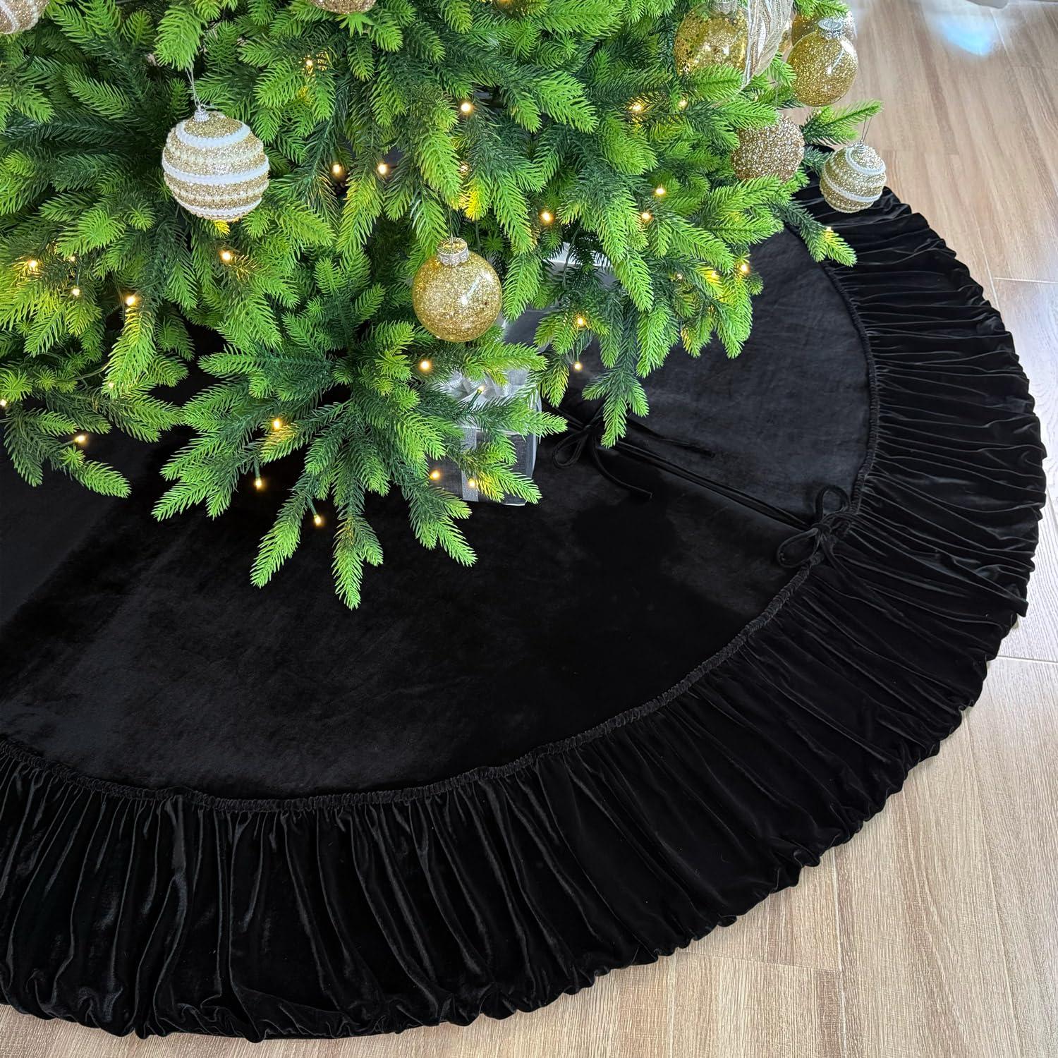 Starry Dynamo 84-Inch Ruffled Velvet Christmas Tree Skirt, Thick Foam-Lined Heavy Duty Fabric with Plush Lace Ties, Black