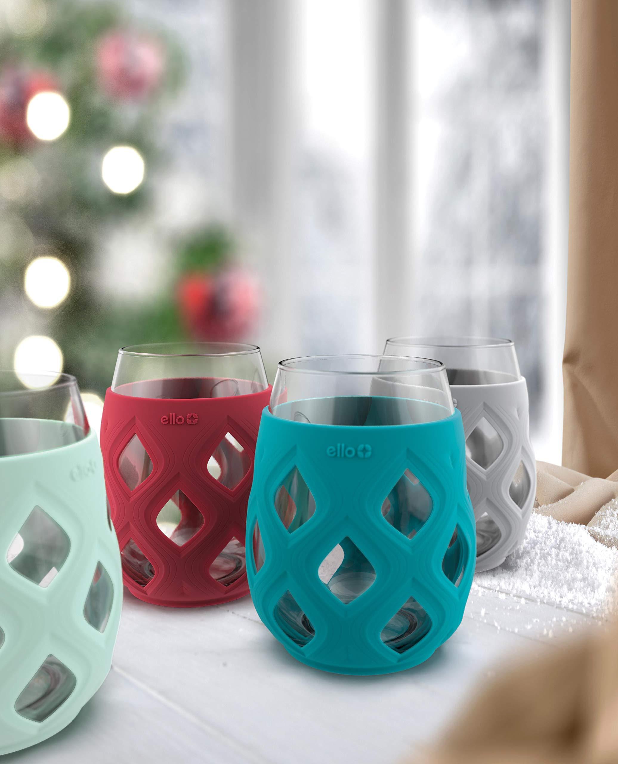 Ello Ello Cru 17oz Stemless Wine Glass Set with Protective Silicone Sleeves, 4 Pack Cocktail Glass Perfect for Summer Patios, Parties, Holiday Gifting Her or Him, Dishwasher Safe, Holiday Jewels