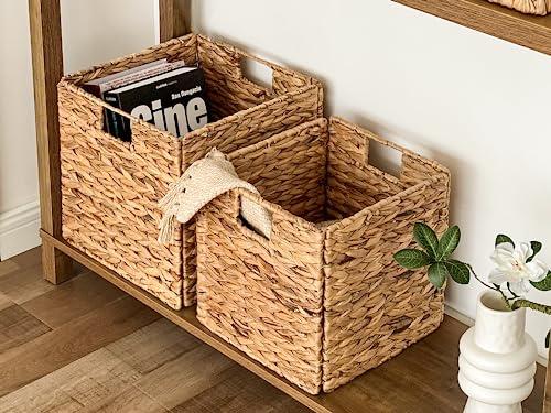 StorageWorks StorageWorks Wicker Baskets for Storage with Liners, Water Hyacinth Storage Baskets for Organizing, Handwoven Wicker Storage Cubes, Large, 2 Pack