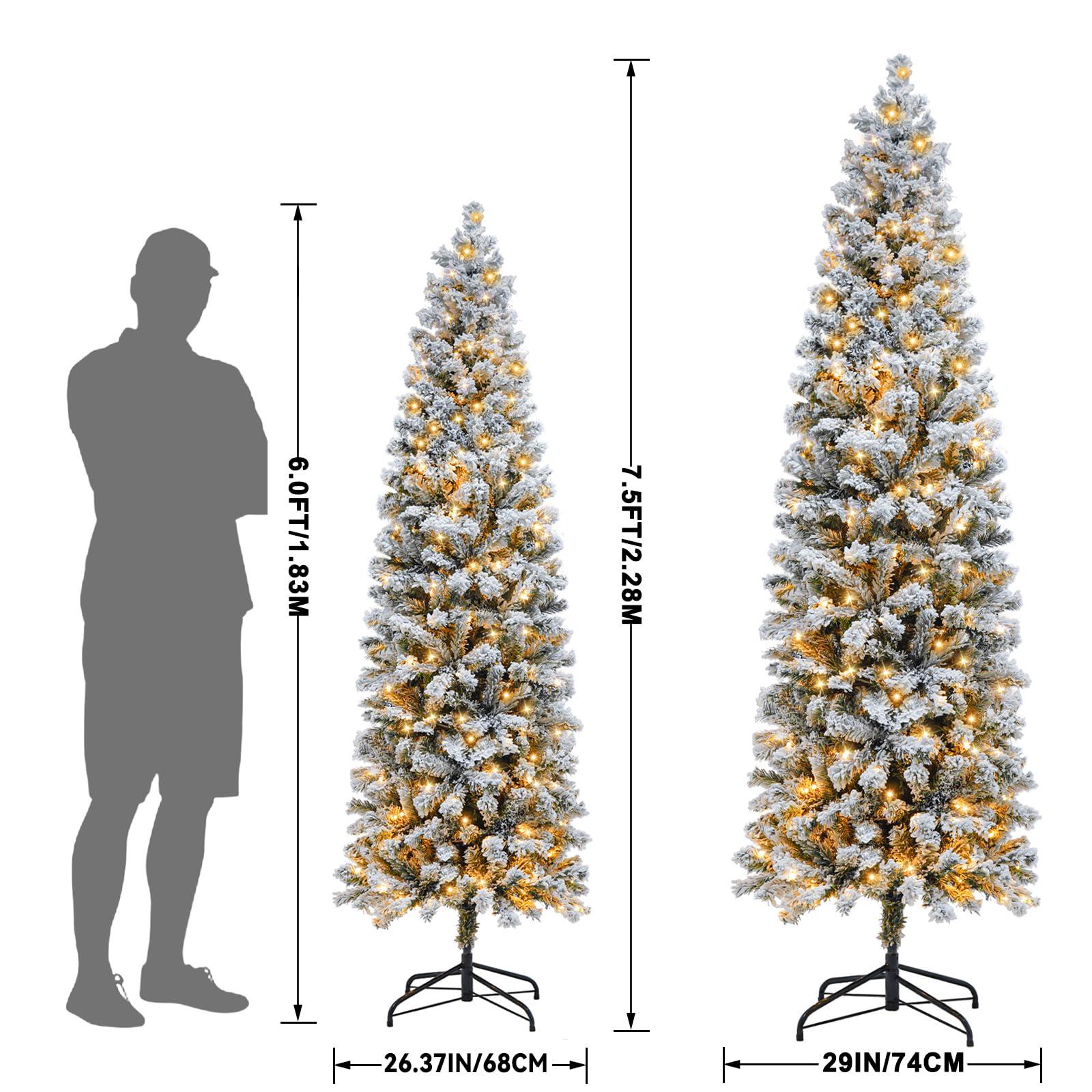 MVSRWLL 7.5FT Prelit Pencil Christmas Tree Artificial Snow Flocked Slim Skinny Christmas Trees with 350 LED Warm White Lights for Christmas Indoor Outdoor Decoration