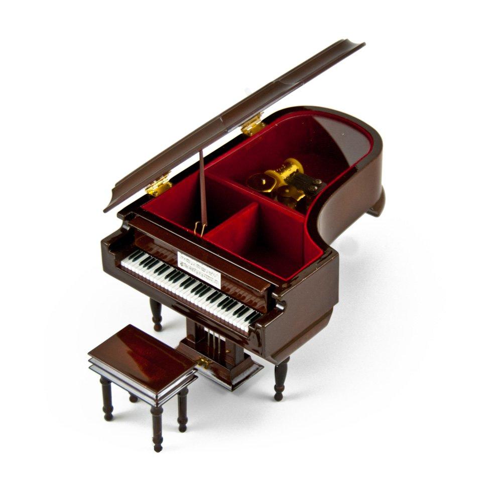 MusicBoxAttic Piano Music Box with Jewelry Compartment - Sophisticated 18 Note Miniature Musical Hi-Gloss Brown Grand Piano with Bench - Many Songs to Choose - Thank Heaven for Little Girls