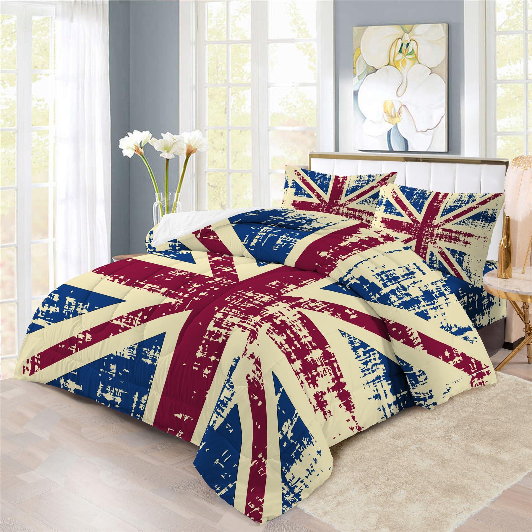 Boasorte Retro British Flag Design Comforter Set | UK Flag Union Jack Prints Bedding Set | with Soft Comforter+2 Pillow Shams(3PCS) or Sheet (4PCS) (B,Twin-3PCS)