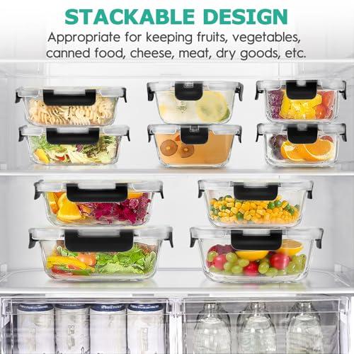 AMALEKO 34pcs Glass Food Storage Containers with Lids Set, Airtight Glass Meal Prep Containers (17 Containers & 17 Lids), Leak Proof Lunch Containers BPA-Free, Microwave, Oven, Freezer, Dishwasher Safe-Black
