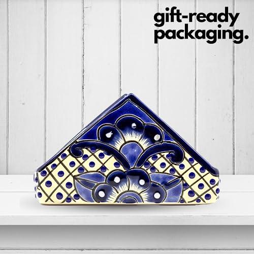Casa Fiesta Designs Ceramic Napkin Holder - Authentic Mexican Pottery - for Kitchen Countertop | Dinner Table | Indoor & Outdoor Use Tissue and Letter Holder - Mexican Style Talavera Servilletero (Blue and White)