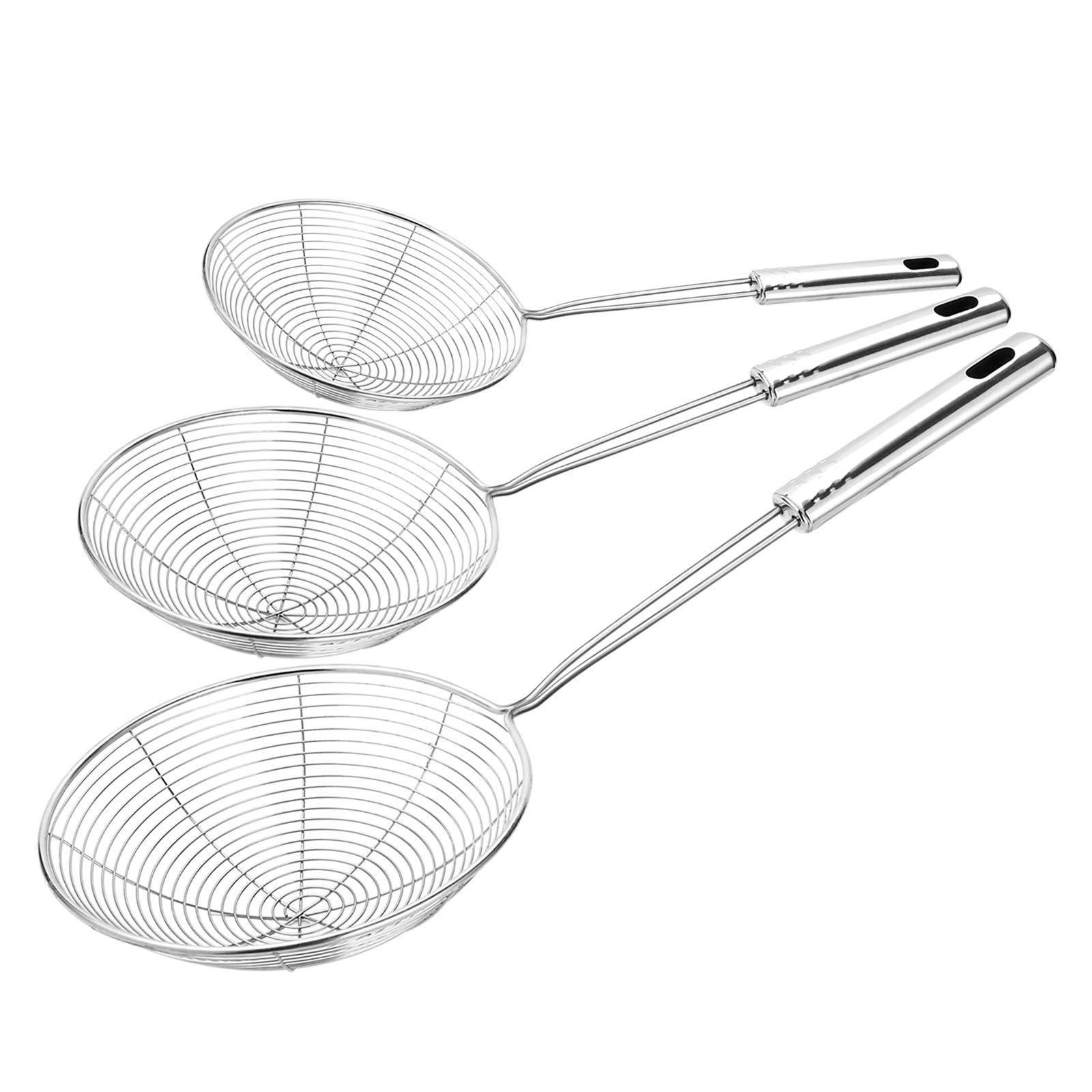 HIWARE Hiware Extra Large Spider Strainer Skimmer Spoon for Frying and Cooking - Set of 3 Stainless Steel Wire Pasta Strainer with Long Handle, Professional Kitchen Skimmer Ladle - 13.8\", 15\" & 16.4\"
