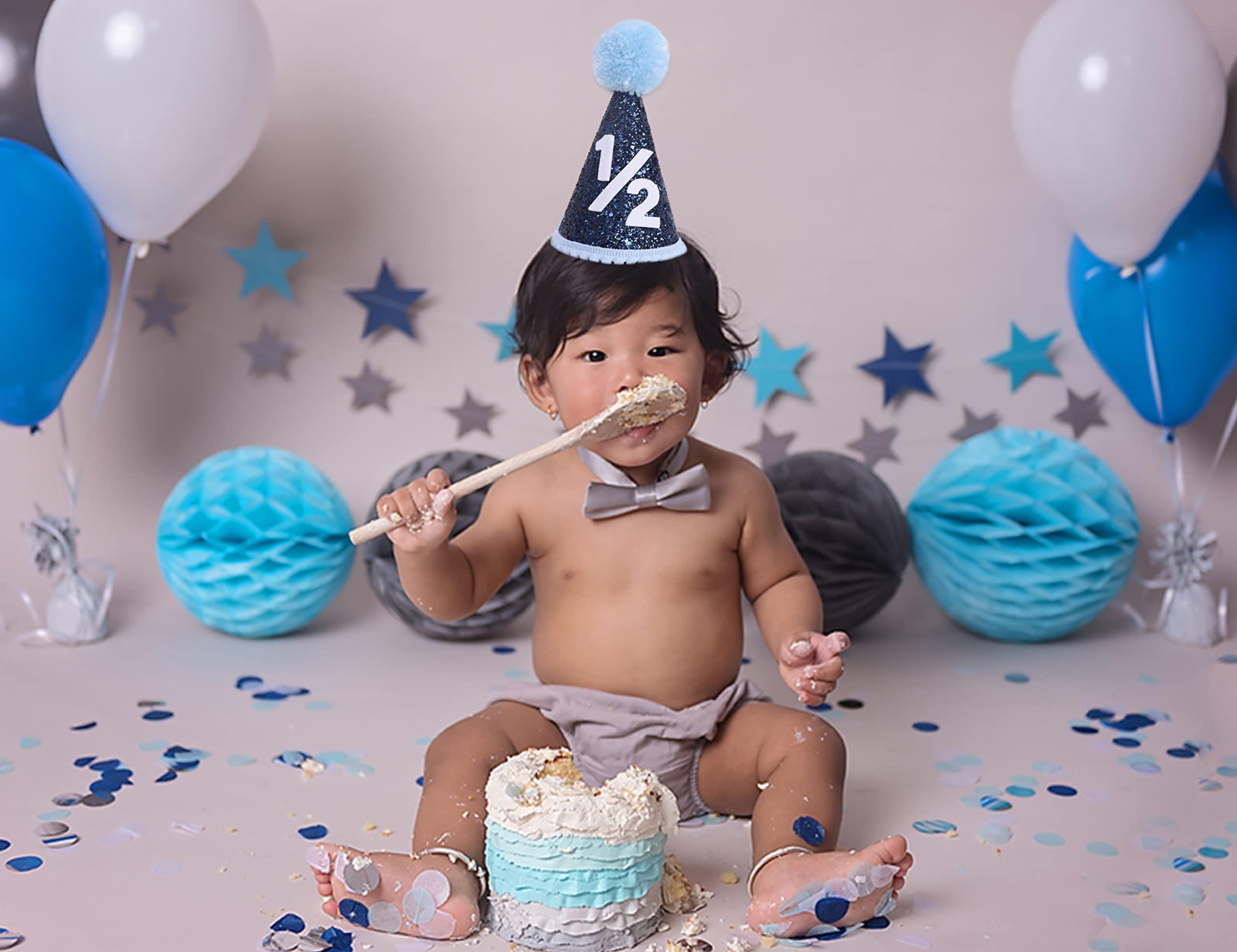 WAOUH WAOUH Blue Party Half Birthday Baby Boy Party Hat - Boy 1/2 Birthday Mini Glitter Blue Party Hat - photo props(LAN SE 1/2 SUI)