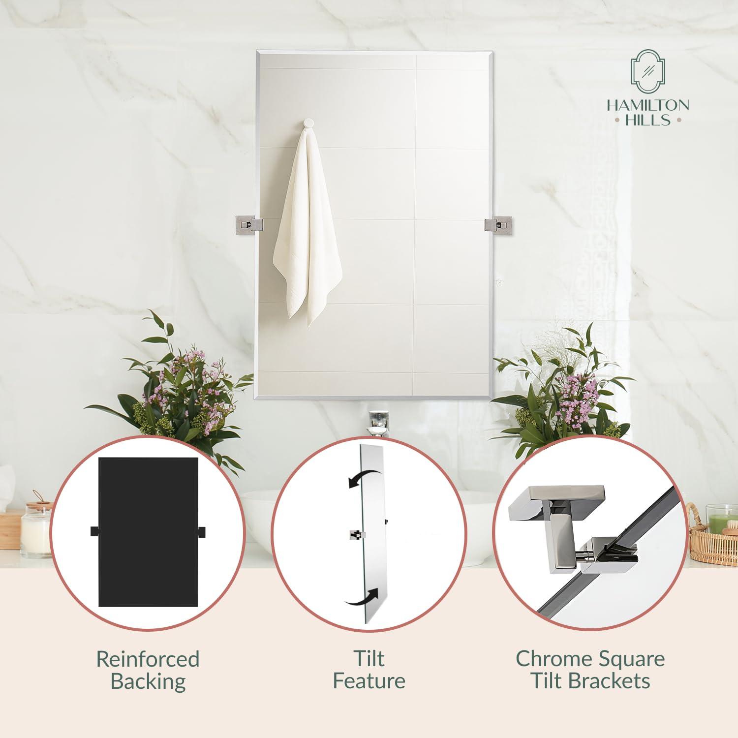 Hamilton Hills Hamilton Hills Large Squared Modern Pivot Rectangle Mirror with Polished Chrome Wall Anchors | Silver Backed Adjustable Moving & Tilting Wall Mirror | 20" x 30" Inches