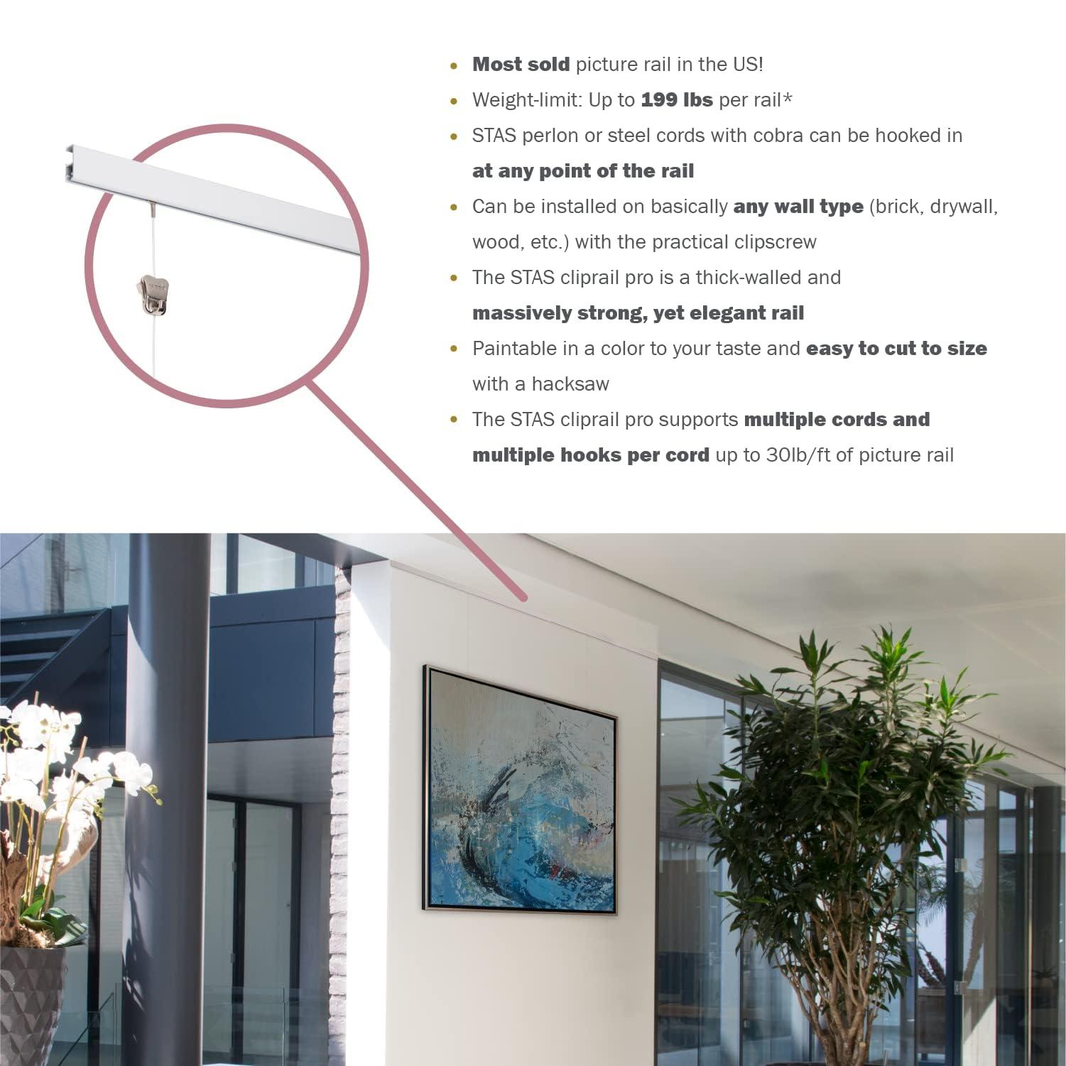 Stas Picture Hanging Systems STAS Cliprail Pro Picture Hanging System Set White - Covers 4.92 ft of Wall Space - Heavy Duty Picture Rail & Art Hanging Gallery Kit Without Nails - for Home or Museum (Includes 2 Hooks & Cords)