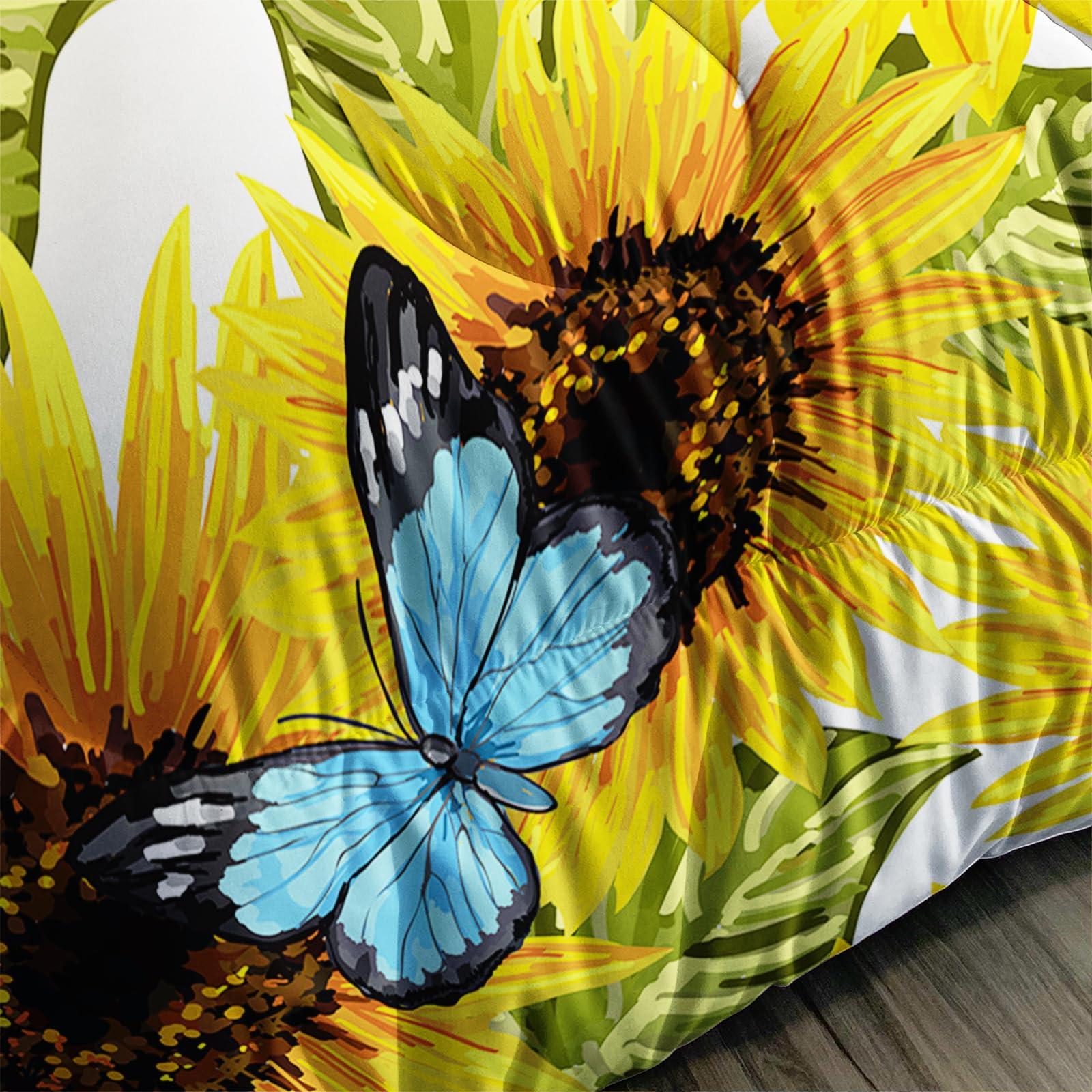 Axolotl Axolotl Sunflower Bedding Set Full,Yellow Sunflowers Comforter Set,Butterfly Bedding Blue Butterflies,Flower Bedding Set,Summer Floral Comforter Set for Girls Kids Teens Adults,1 Quilt 2 Pillowcases