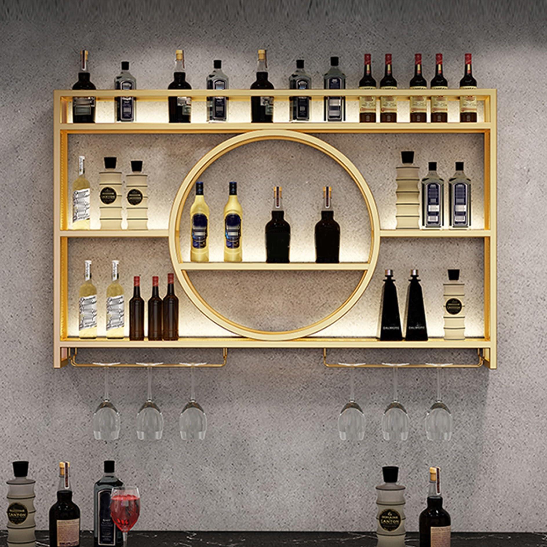 Leaceuv Wall Mounted Wine Rack,Wall Mount Wine Racks for Wine Bottles,Hanging Wine Glass Rack Industrial Storage Holder,Floating Shelves with Stemware Hanger,Plants Wine Display,for Kitchen Dining Room Bar (