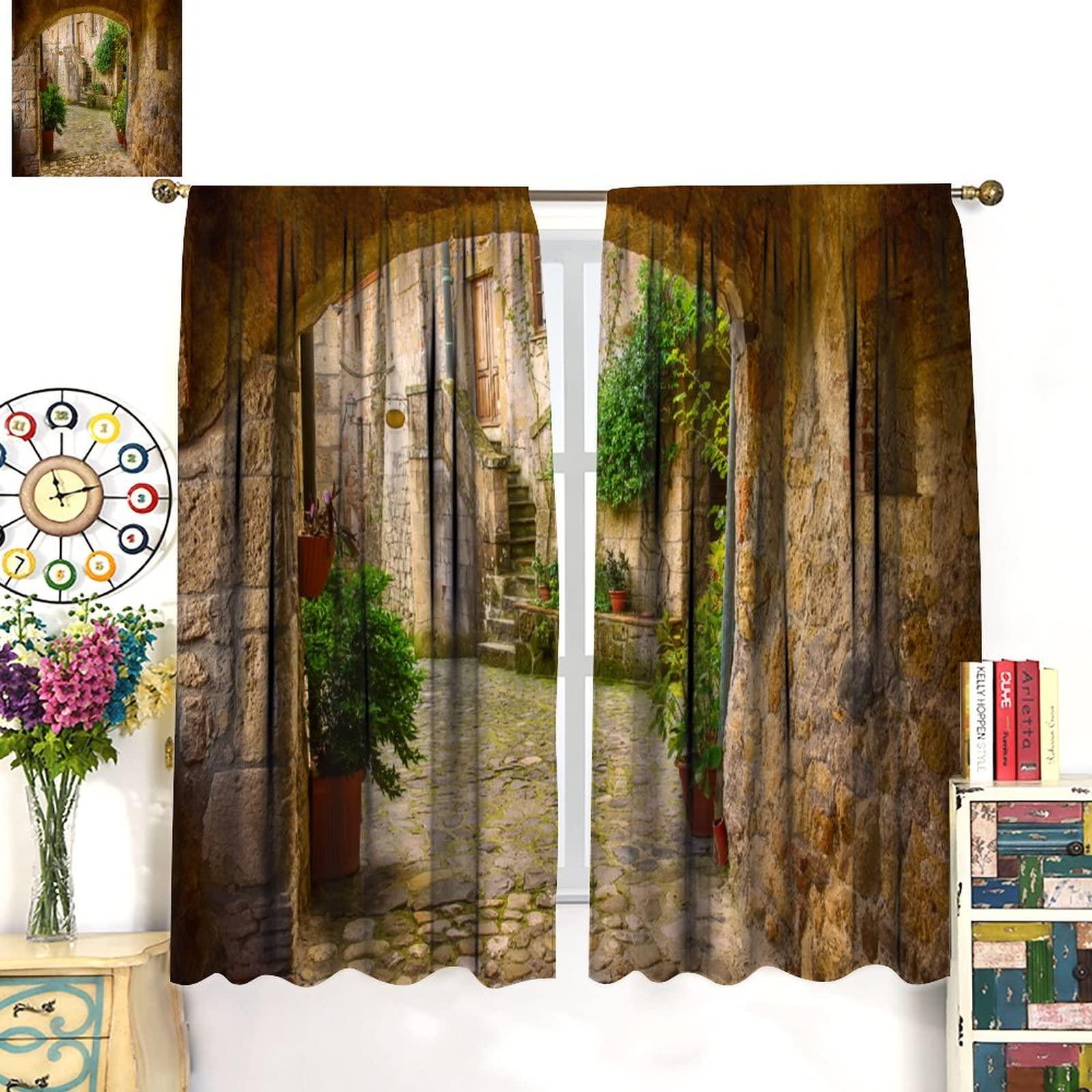 ZhiRain Scenery Kitchen Italian Curtains, Landscape from Door Antique Style Stone Village Tuscany Italian Valley, Blackout Rod Pocket Window Drapes 2 Panel Set for Kitchen Cafe Decor 63x72in