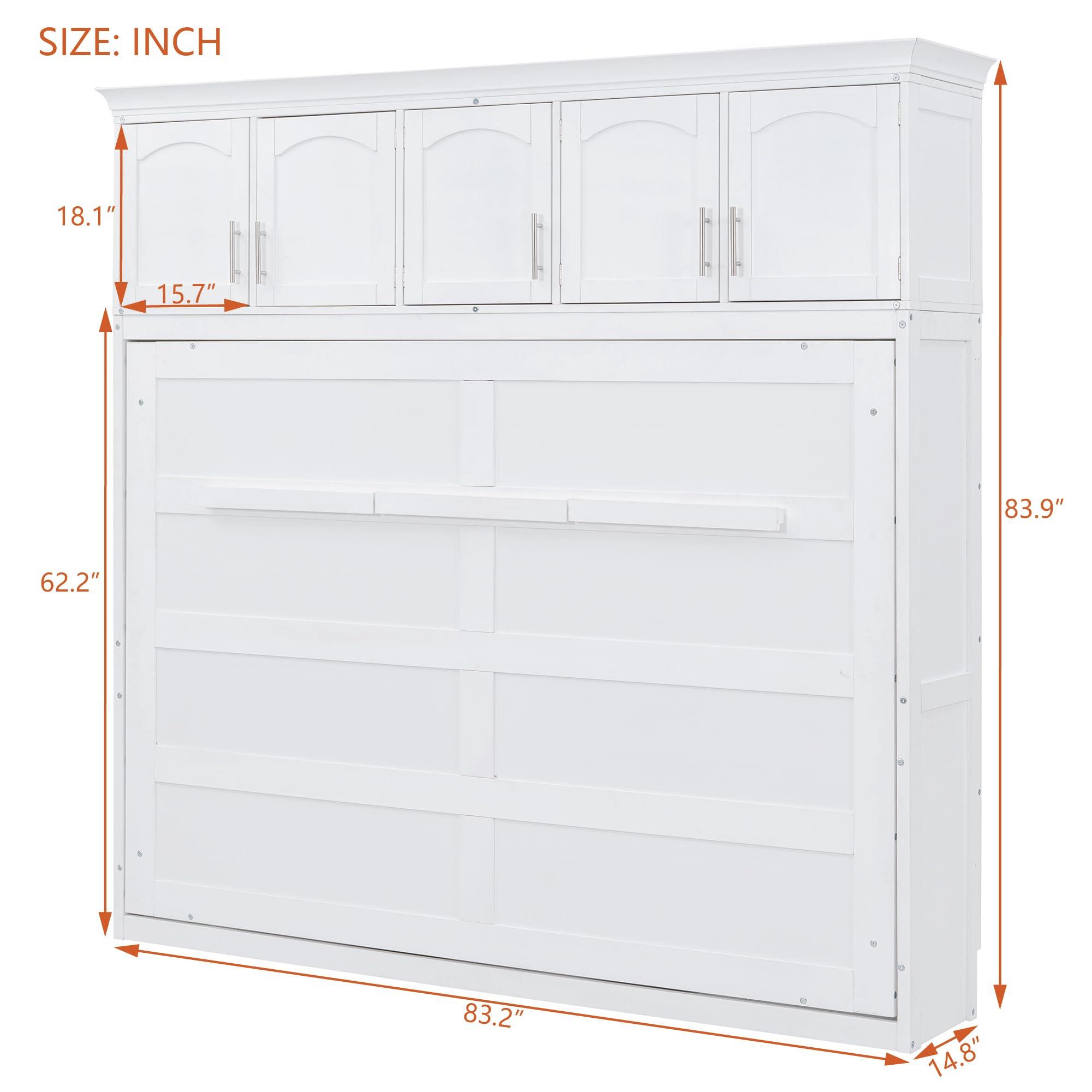 Merax Merax Modern Farmhouse Solid Wood Murphy Bed Chest with Top Cabinets, Tall Wall Platform Bed Space Saving/Wood Slat Support Full,White