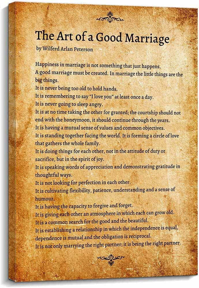 CZWTXWD The Art of A Good Marriage Poem Wall Art Wilferd Arlan Peterson Quotes Posters for Room Picture Painting on Canvas Kitchen Prints Vertical Home Decoration for Bedroom Printed Canvas Bathroom Photos (08x12inch(20x30cm),Framed)