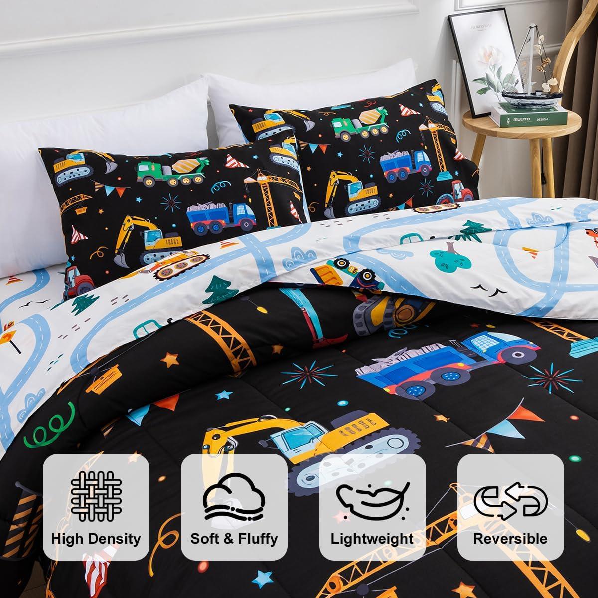 Holawakaka Holawakaka Trucks Tractors Cars Boy Bedding Comforter Set with Sheets, Full Size Cartoon Construction Car Excavator Print Kids Bed in A Bag 5-Piece, Boys Reversible Dorm Bed Sets (Black Full)
