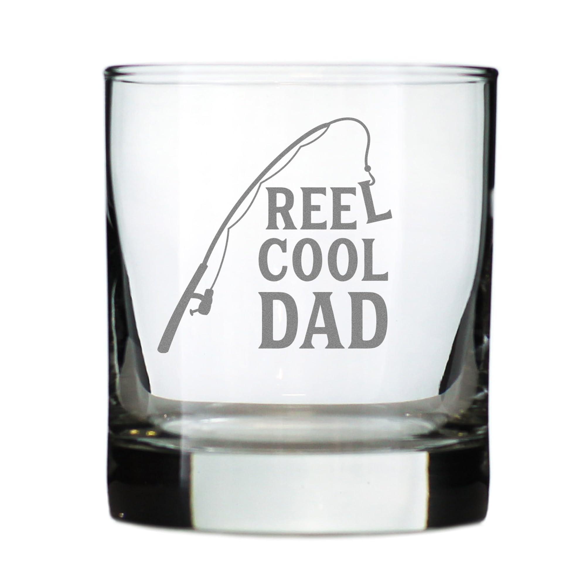 Bevvee Reel Cool Dad - Funny Whiskey Rocks Glass - Fishing Gifts for Fathers - Engraved 10.25 oz Glasses - Fun Fish Cups