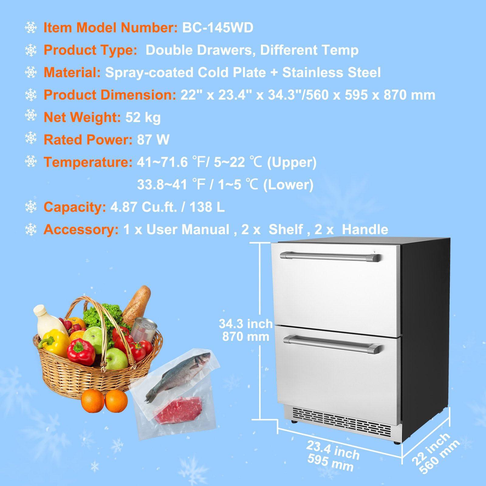 FITTG FITTG 24-inch Undercounter Refrigerator 2 Drawer Wine Refrigerator 4.87 Cu.ft. Capacity Waterproof Indoor Outdoor Under Counter Drawer Fridge Home Commercial Use, None*None*None, silver, 102XBV003151