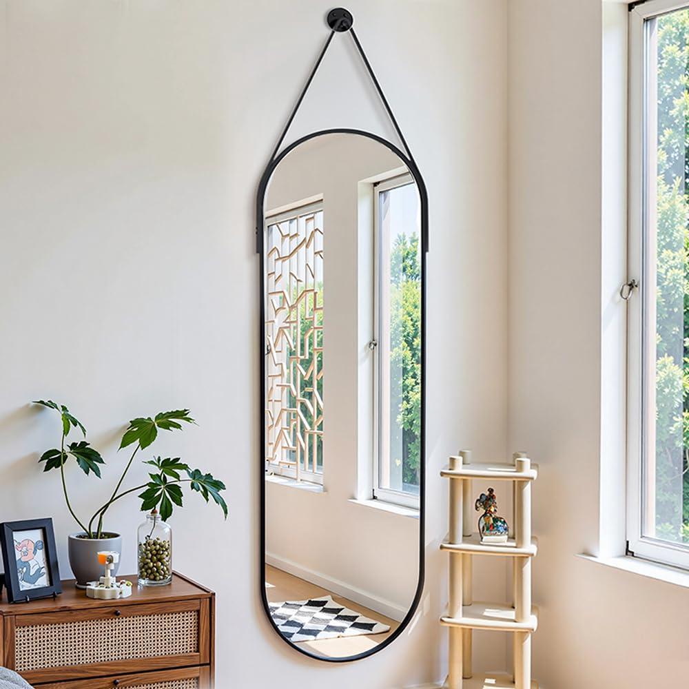 OGCAU OGCAU Full Length Mirror, Wall Mirror Full Length, Wall-Mounted Mirror, Body Mirror for Wall in Bedroom, Arched-Top Mirror, Hanging Mirror with Aluminum Alloy Frame (Oval Black)