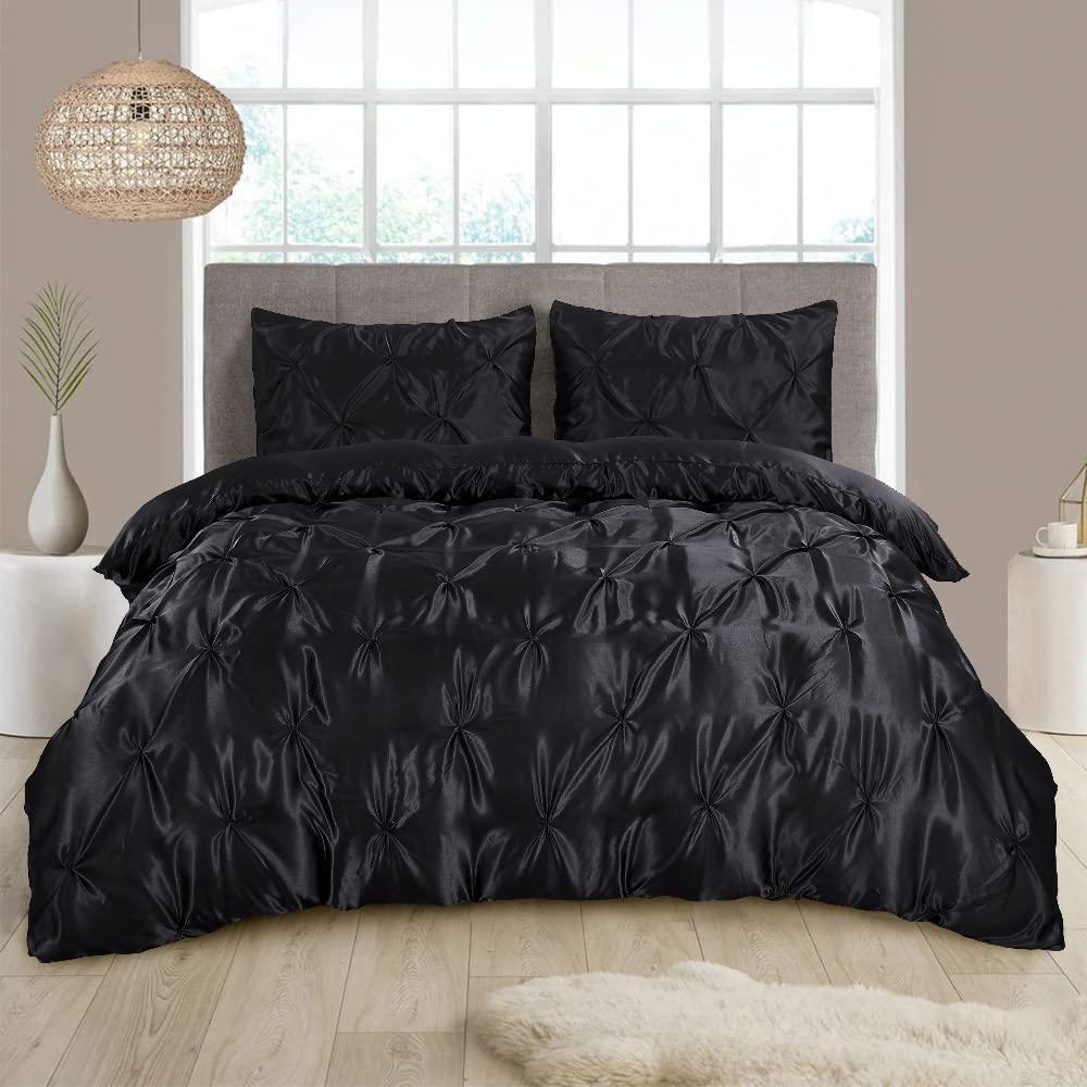 Linen Era 5 Pieces Satin Duvet Cover Twin-XL Size Set, Luxury Silky Like Black Duvet Cover Bedding Set with Zipper Closure, only 1 Duvet Cover with 4 Pillow Shams (Black,Twin-XL (68\'\'x90\'\'))