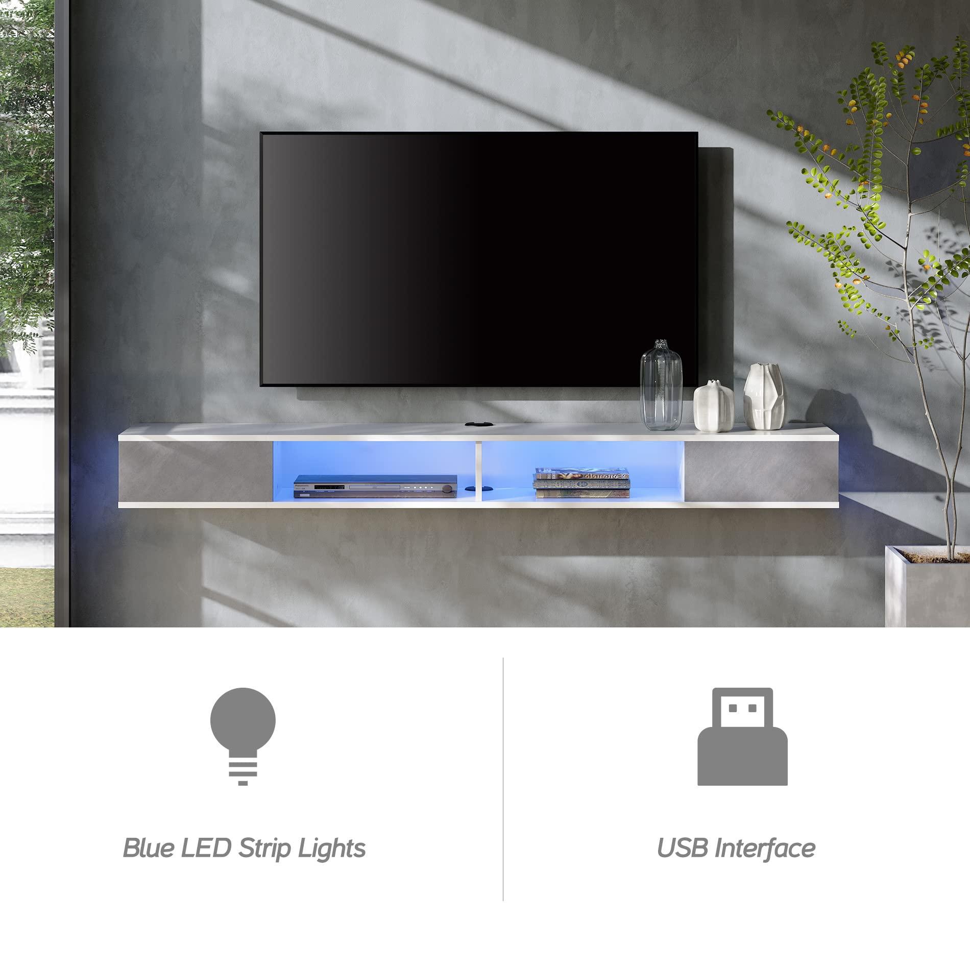 WAMPAT WAMPAT Floating 70 inch TV Stand with Yellow/Blue LED Lights, Entertainment Center Media Console, Wall Mounted Shelf Media Console Cabinet with Storage for 65/70/75 Inch TVs, White&Grey