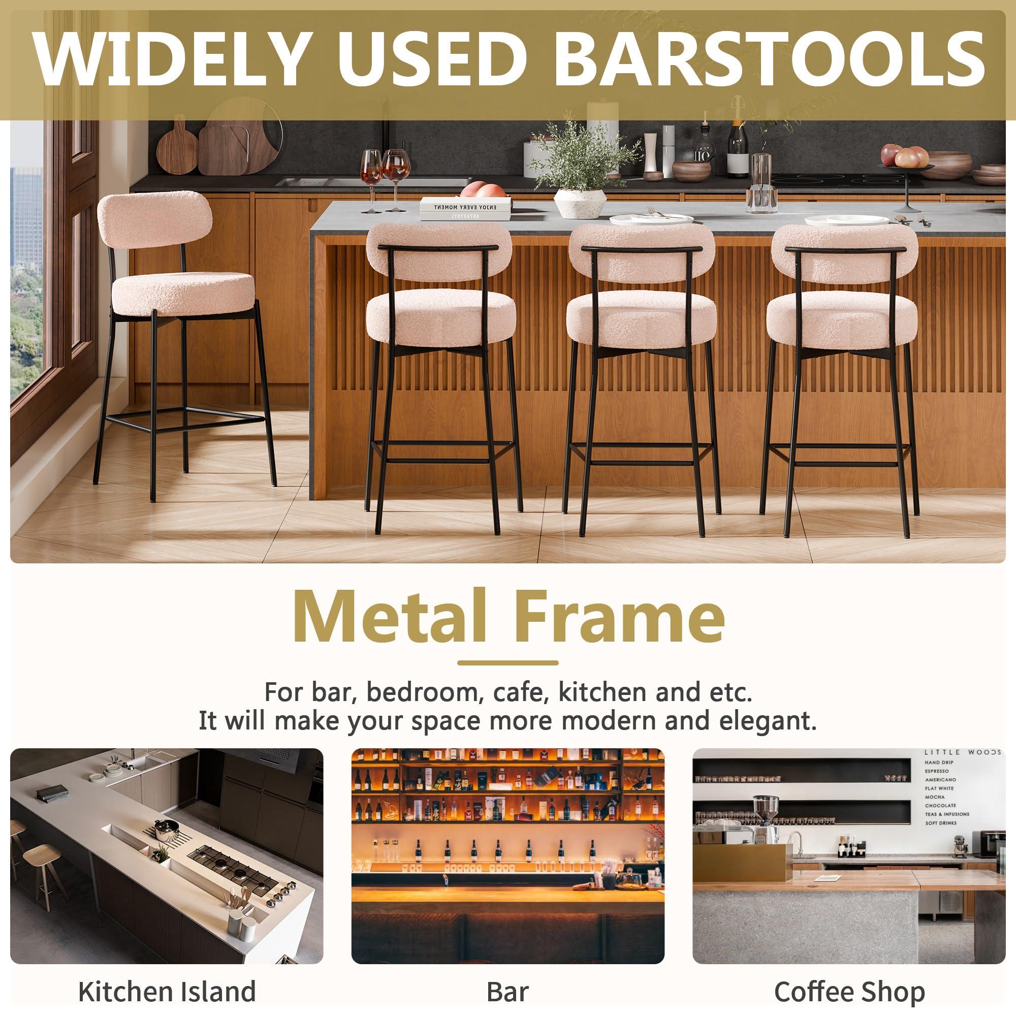 DYHOME DYHOME Bar Stools Set of 3, 24 Inches Modern Counter Height Bar Stools with Curved Back Metal Legs, Beige Upholstered Boucle Barstools for Kitchen Island, Cafe