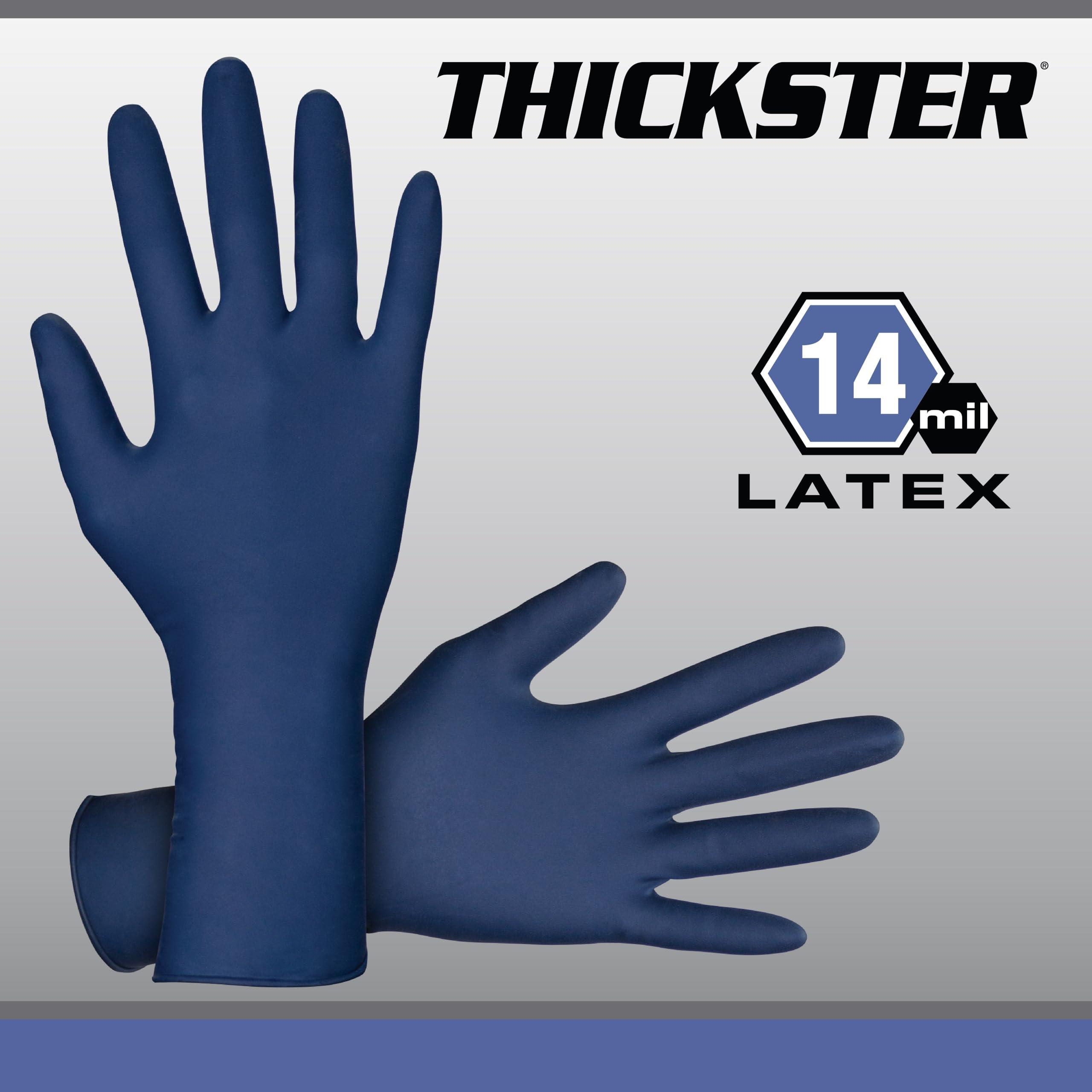 THICKSTER Thickster Powder-Free Exam Grade Latex Disposable Gloves. Size Large. Blue, 14 mil Thickness, 12\" Length. Fully Textured for Superior Grip. Single Use. Pack of 50. (6603-20)