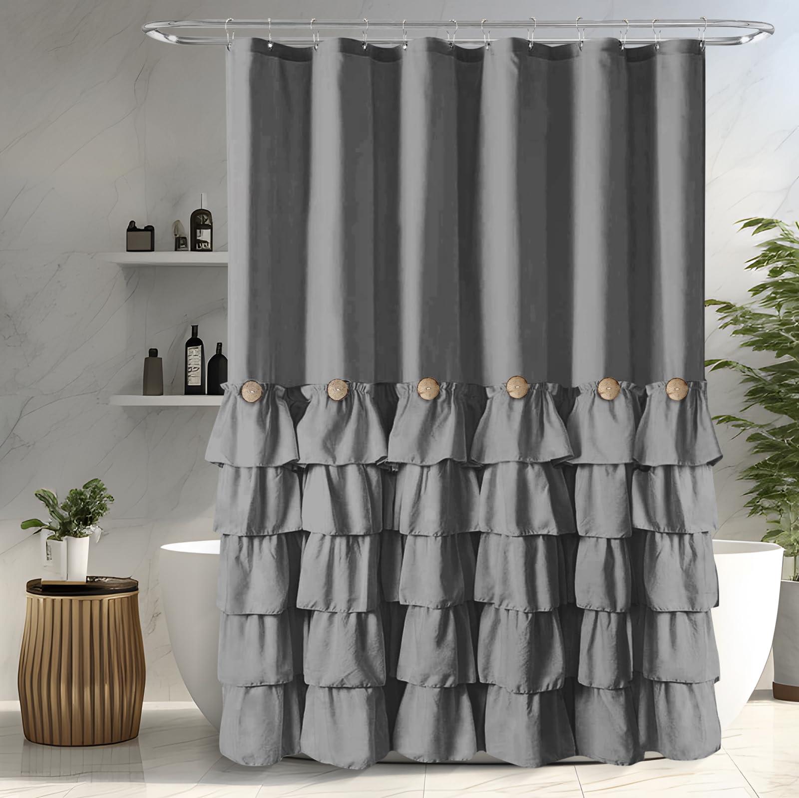 Seasonwood Grey Ruffle Button Shower Curtain Farmhouse Shower Curtain Set with 12 Hooks 72 X 72 inch Fabric Shower Curtains for Bathroom Bathtubs Decor Accessory Shabby Chic French Country Style
