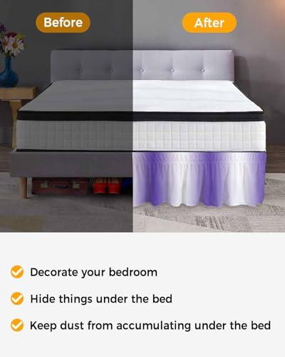 Sabolny Purple White Bed Skirt Queen Size 18 Inch Drop, Adjustable & Elastic Wrap Around Bed Skirts Pleated Luxury Dust Ruffles for Twin Full Queen Cal King Base Bed, Modern Minimalist Geometric Ombre Art