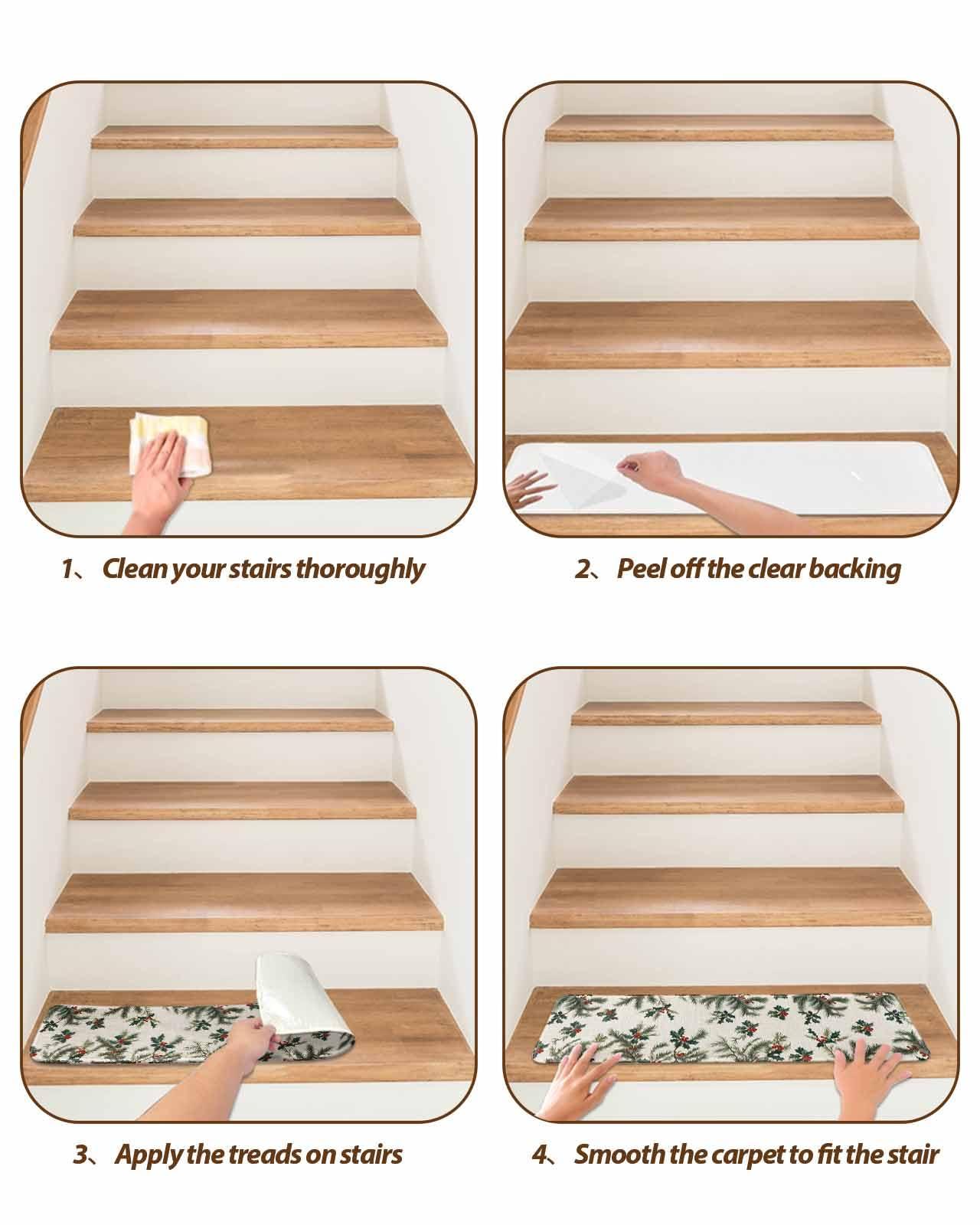 Chees D Zone Xmas Red Berry Pine Needles Stair Treads for Wooden Steps, Winter Plant Beige Linen Non Slip Stair Carpet Indoor Stair Runner Staircase Step Treads Stair Mat 8x30in 4 Pcs