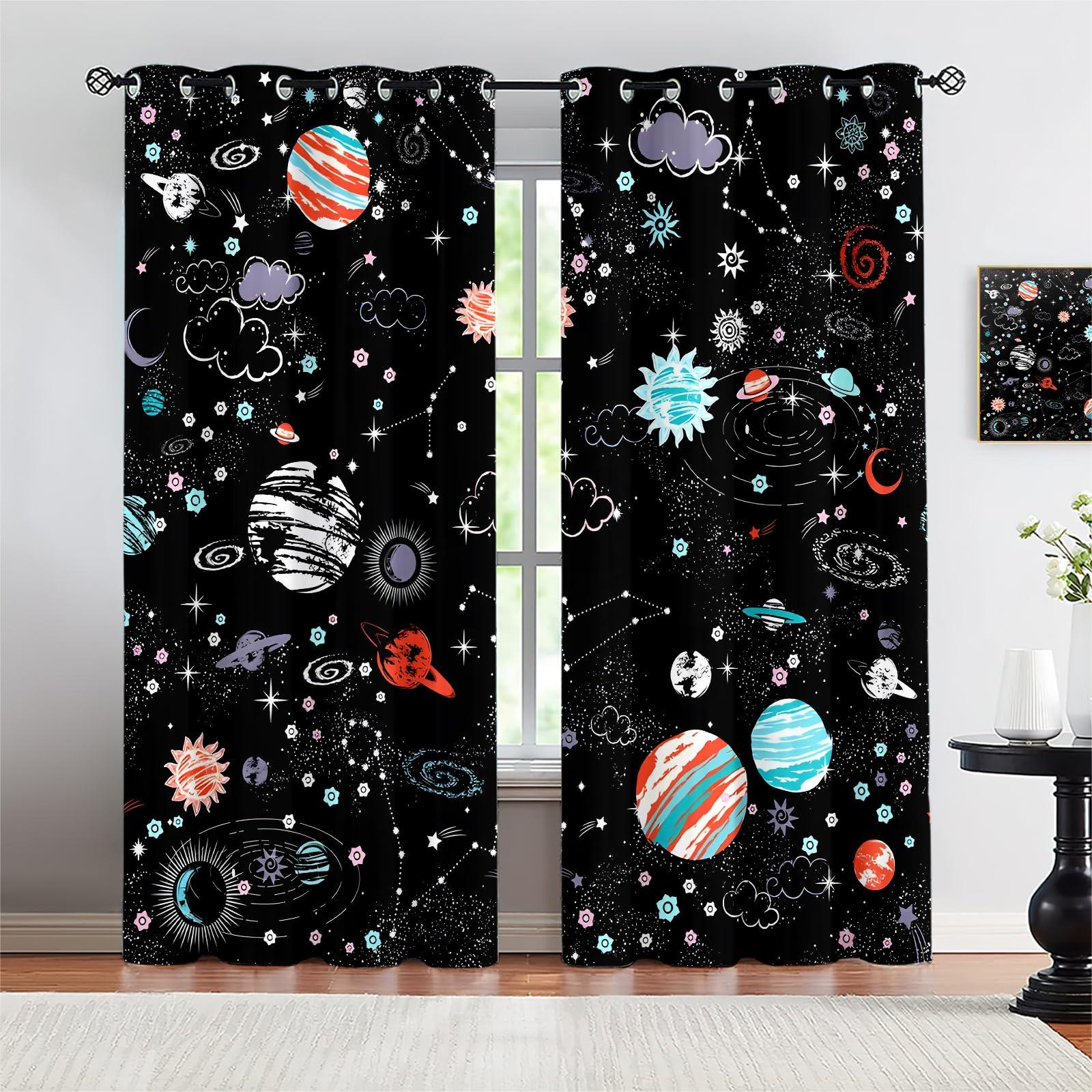 PFFM Outer Space Curtains for Windows, Planet Theme Cartoon Galaxy Solar System Pattern Blackout Curtains, Light Reducing Privacy Protect Drapes for Boy Girl Kids Bedroom-26 W X 84" L X 2 Panels