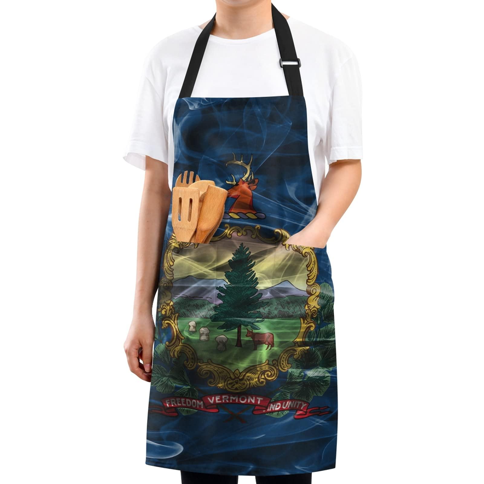 Poeticcity Vermont Flag Adjustable Apron Bib with 2 Pockets Kitchen Uniform Adjustable Neck Strap for Women Men Cooking Cleaning Work Wear Baking Gardening