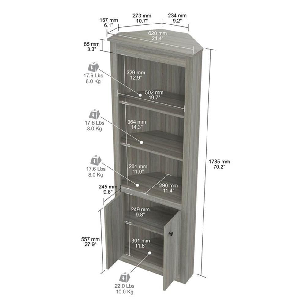 Inval Inval Space-Saving Design, Gray Smoke Oak Corner Bookshelf with 3 Open 2 Concealed Shelves, Modern Wood Bookcase