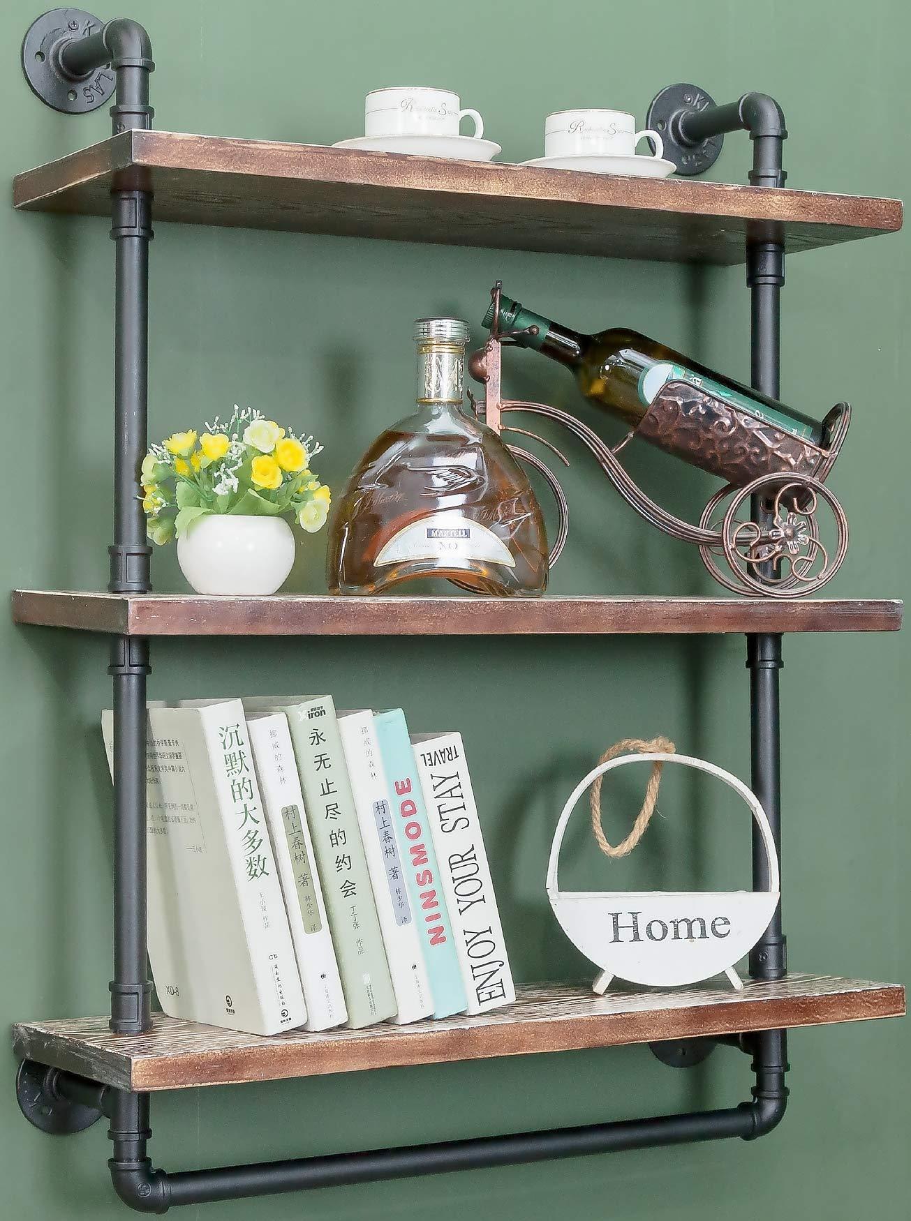 ZYUXUAN Bathroom Pipe Shelves with Towel Bar Industrial Pipe Shelving ,3Tier 24 inch Retro Rustic Farmhouse Pipe Industrial Wall Shelves Bathroom Shelves Over Toilet for Storage