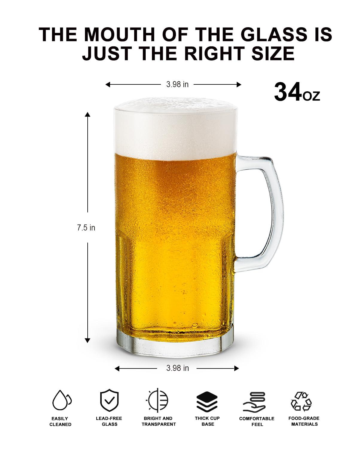 LUXU 38 OZ Beer Mugs,Heavy Large Beer Glasses with Handle,Classic Beer Mug glasses,Style Extra Large Glass Beer Stein Super Mug