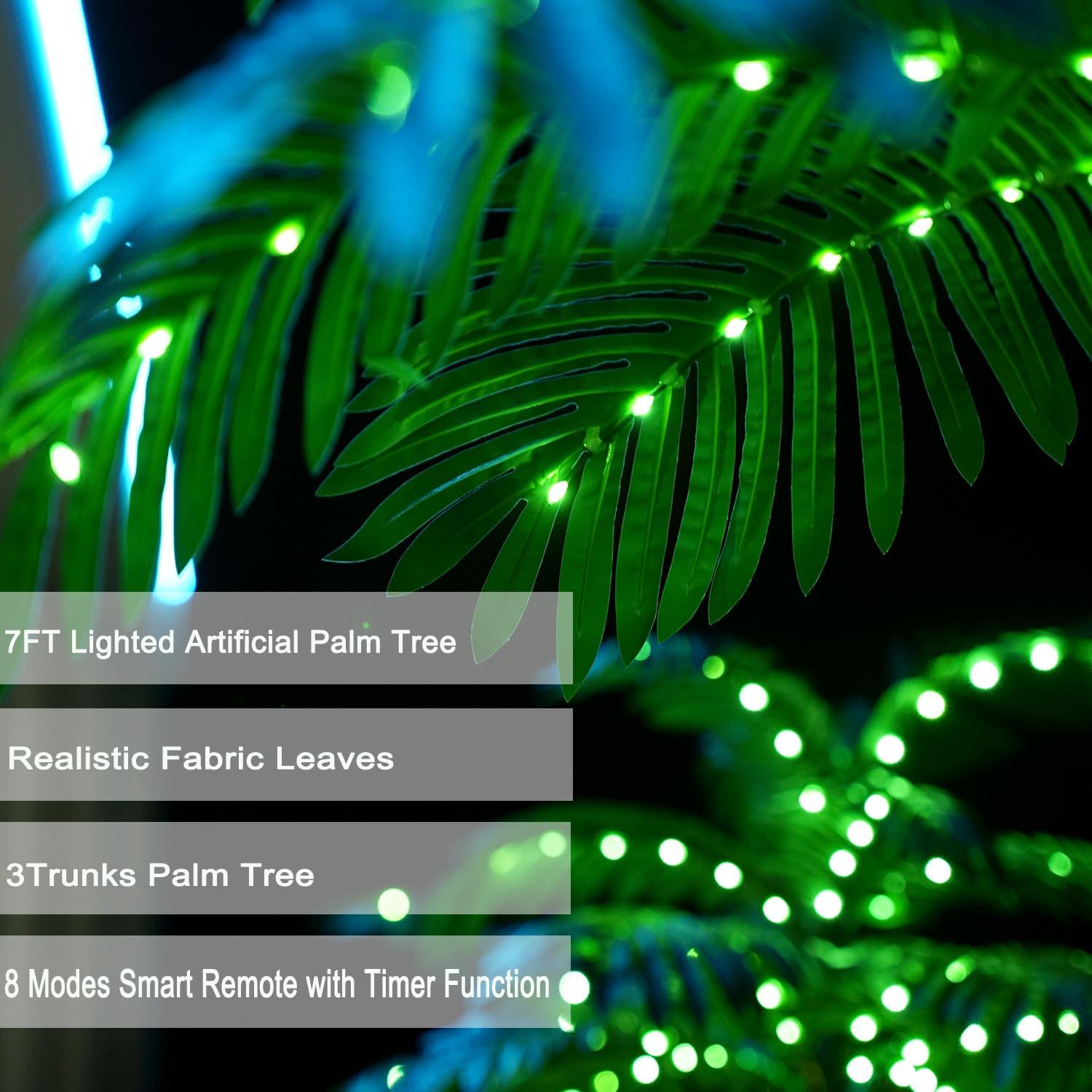SOSHOT SOSHOT 7FT Lighted Artificial Palm Tree with Three Trunks and 260 LED Lights - Ideal for Outdoor/Indoor Use, Perfect for Tiki Bars, Patios, Homes, Offices, Beaches, Yards Pool, and Cruise Party