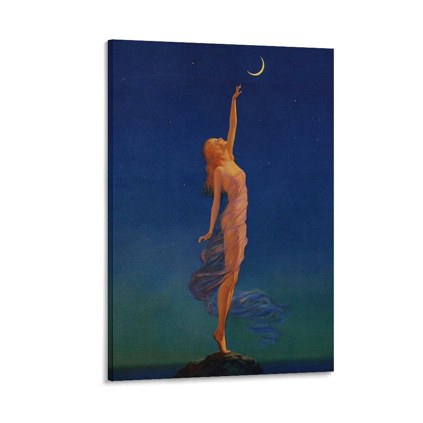 generic Maxfield Parrish Painting Reach for The Moon, Blue, Famous Vintage Painting Poster, Romantic Renaiss Wall Art Paintings Canvas Wall Decor Home Decor Living Room Decor Aesthetic Prints 08x12inch(20x30