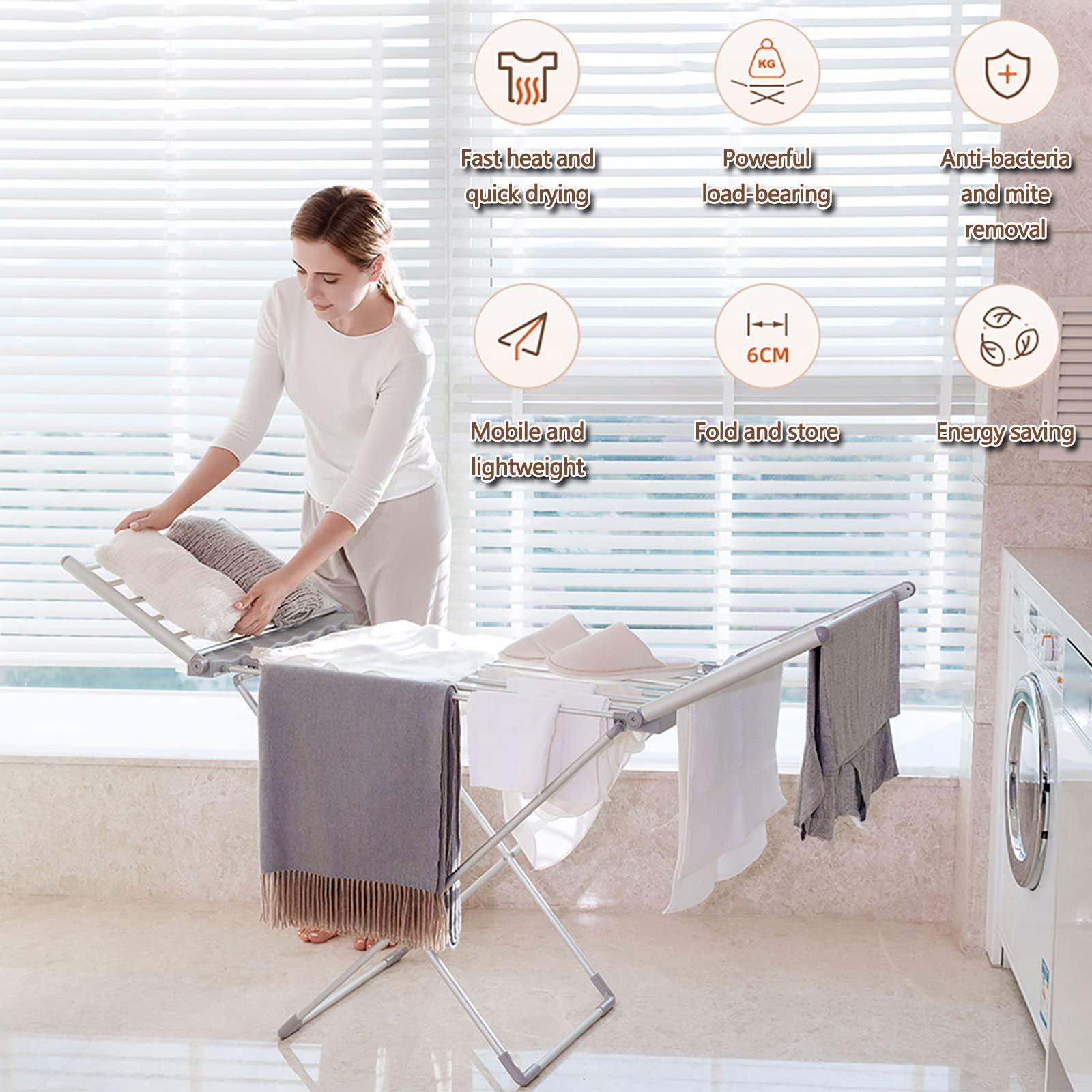 GWWGWW Heated Clothes Airer, Portable Clothes Drying Rack, Heated Airers Clothes Indoor Electric, Folding Heated Clothes Dryer, Energy Efficient Laundry Drying Rack