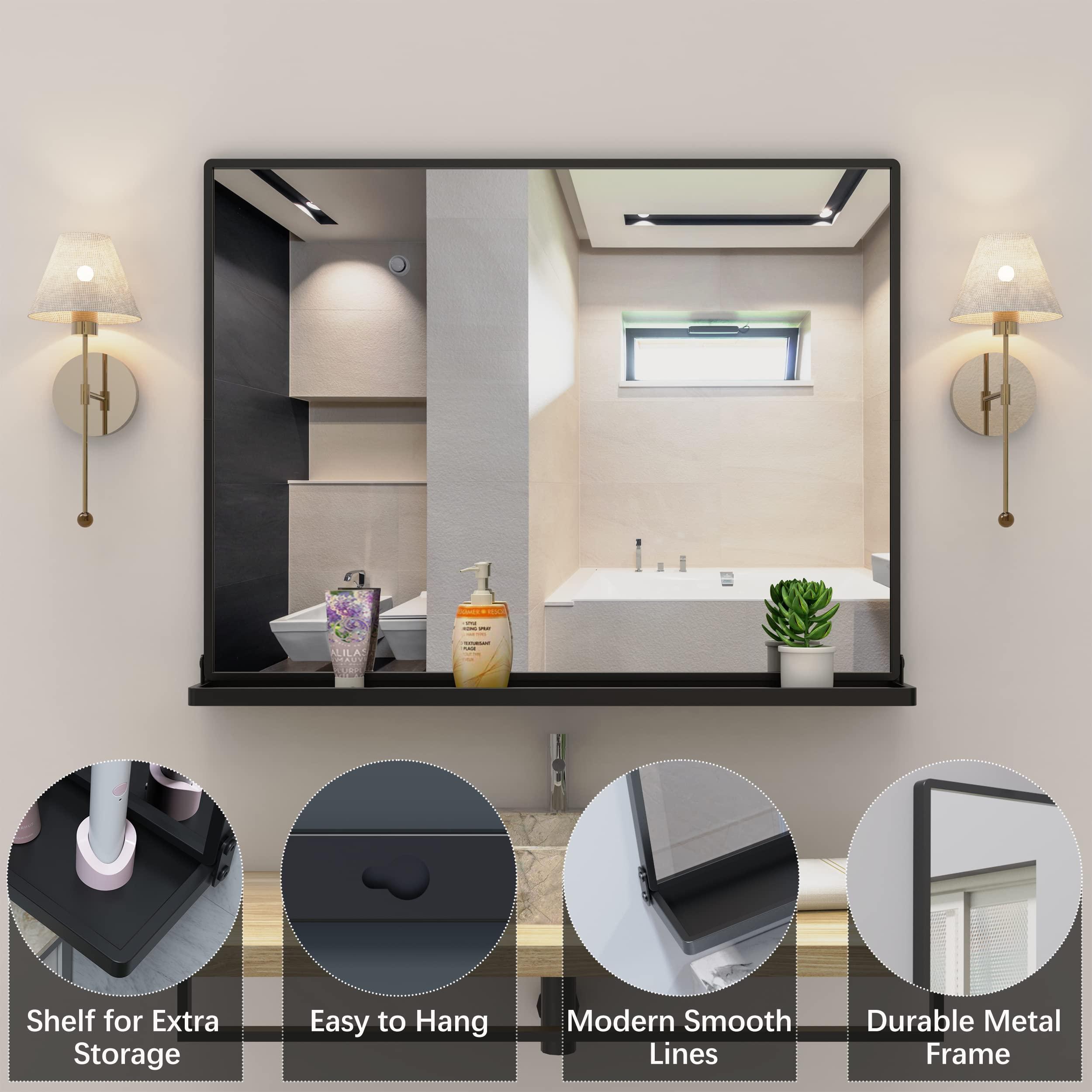 ANYHI ANYHI Black Bathroom Wall Mirror with Shelf, 32\" 24\" Metal Frame Rectangle Mirror for Bathroom with Shelf, Perfect for Living Room, Bedroom, Entryway, Horizontal or Vertical