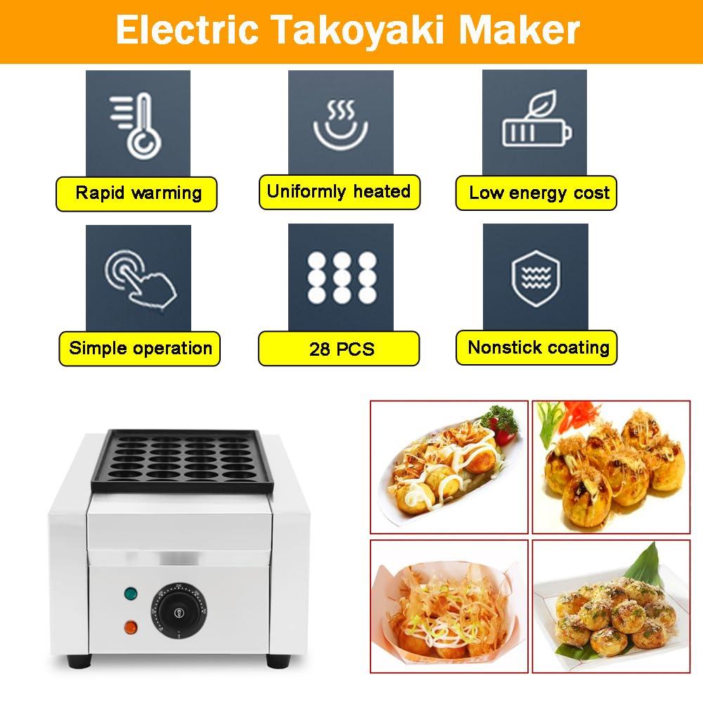 EQCOTWEA EQCOTWEA Electric Takoyaki Maker, 28 Holes Commercial 110V 1.8KW Electric Non-stick Baker Electric Takoyaki Japanese Octopus Fish Ball Maker Machine Takoyaki Grill