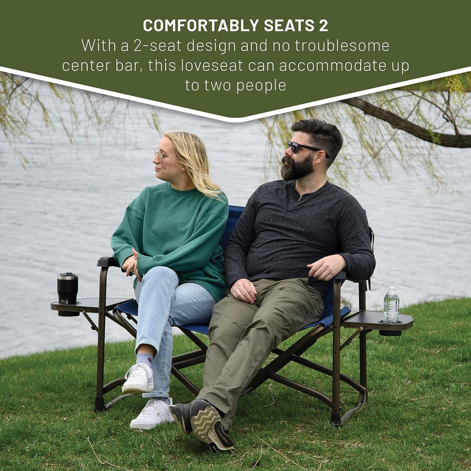 TIMBER RIDGE TIMBER RIDGE Double Camping Chair Foldable Loveseat Directors Chairs, Oversized Double Folding Camping Chairs with 2 Side Tables, 2 Person Lawn Chair, Heavy Duty Support 600 LBS for Outdoor, Blue