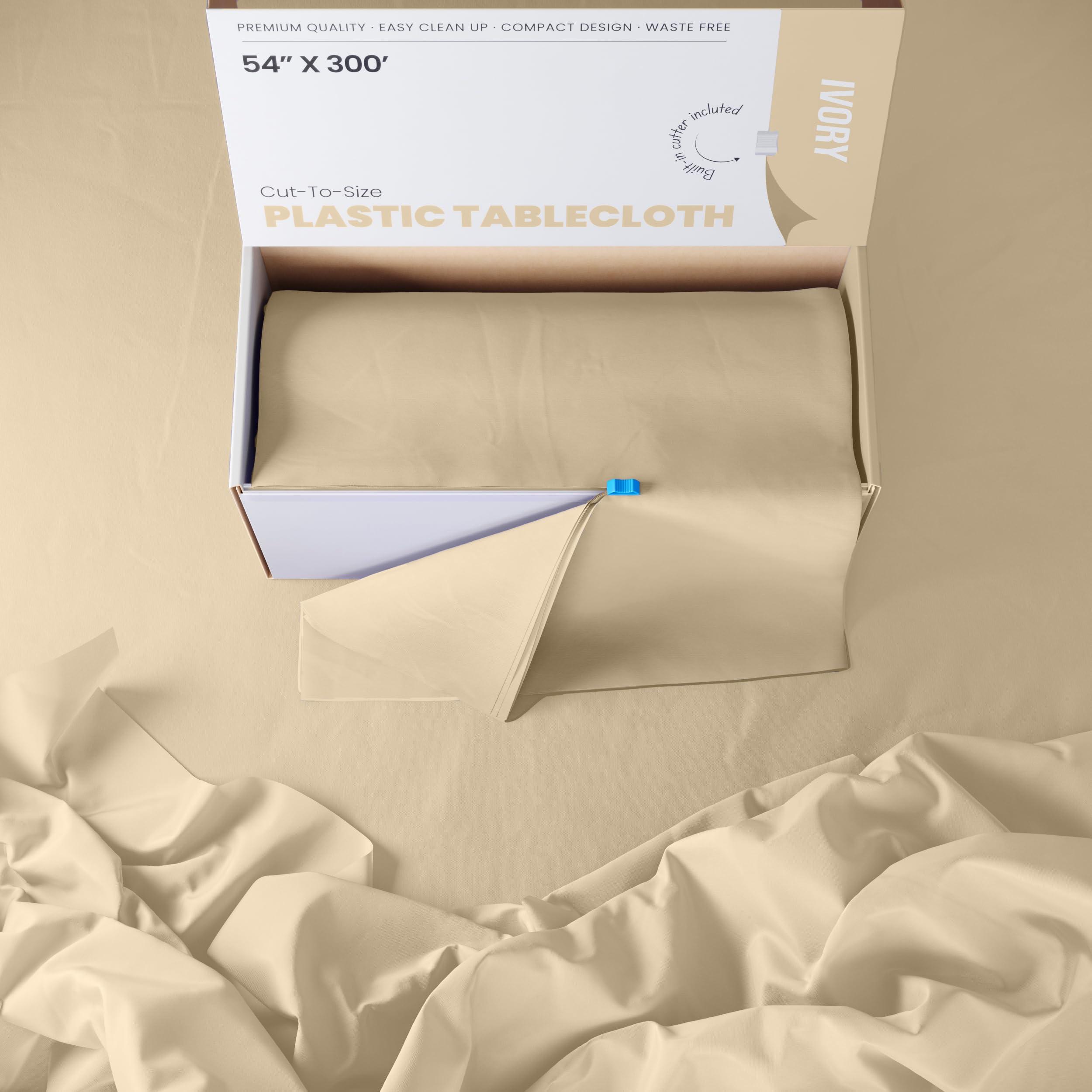 Exquisite Exquisite 54 Inch X 300 Feet Ivory Plastic Table Cover Roll in A Cut - to - Size Box with Convenient Slide Cutter. Cuts Up to 36 Rectangle 8 Feet Plastic Disposable Tablecloths