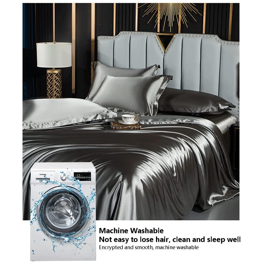 Generic Satin Duvet Cover Set King Double/Full Luxury Silky Silk Sateen Bedding Duvet Cover Set with Zipper Closure 4 Pieces,1 Duvet Cover +1 Fitted Sheet +2 Pillow Sham