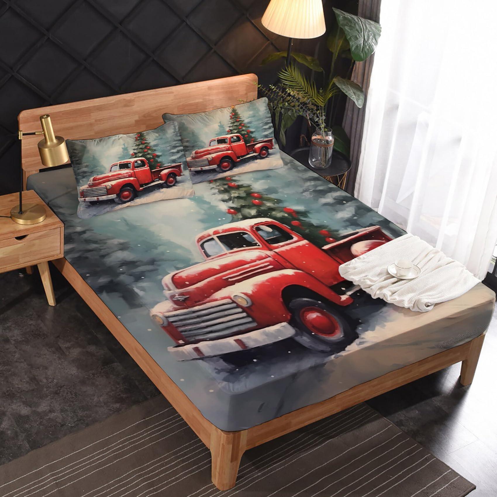 zcsm zcsm Classic Cars Sheets Full Size - Christmas Bedding Sheets & Pillowcases - 100% Microfiber, High Thread Count Print, Flat Sheet & Deep Pocket Fitted Sheet & 2 Pillowcases