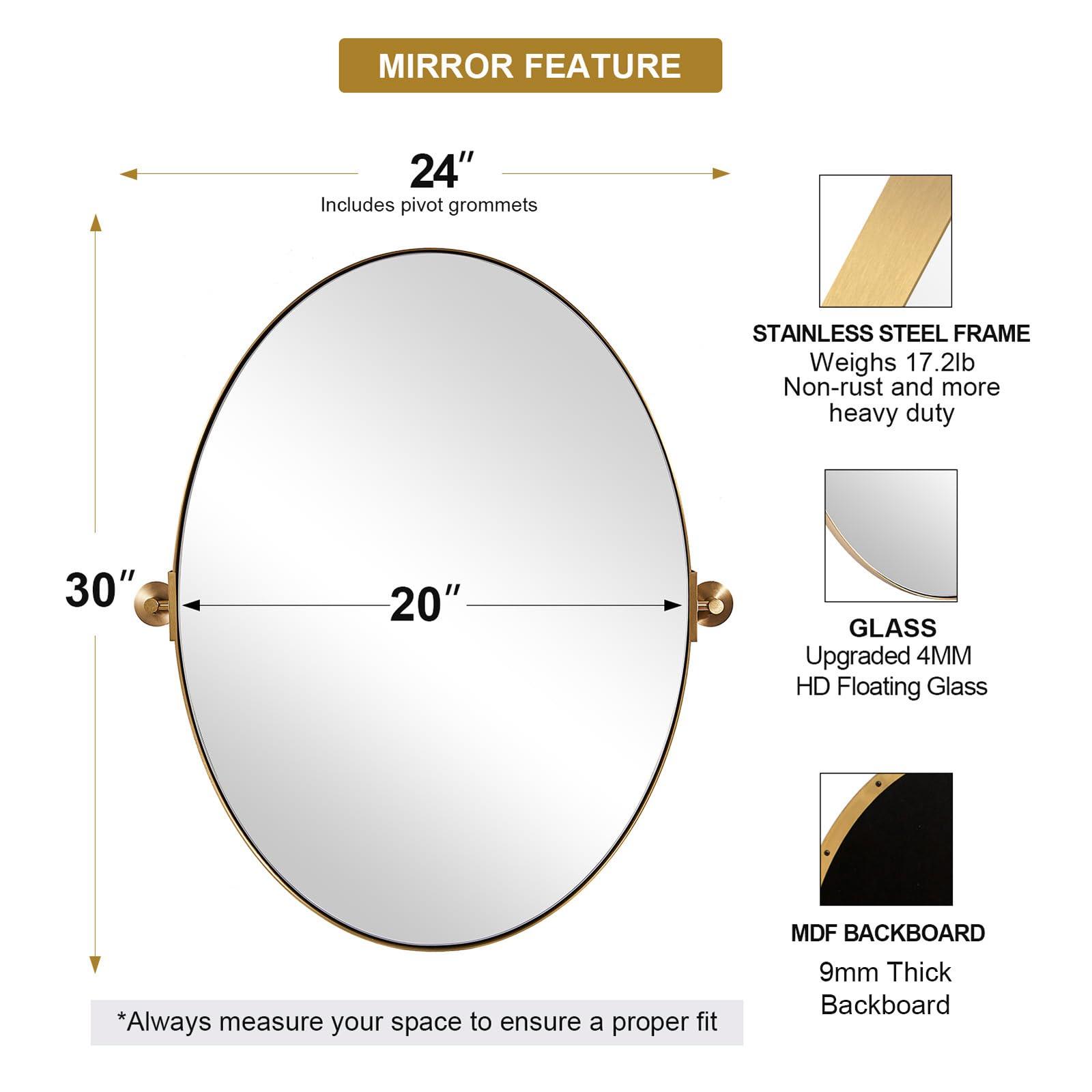 ANDY STAR ANDY STAR Gold Oval Mirror, Oval Pivot Bathroom Mirror, Brushed Gold Oval Pivot Mirror Bathroom Stainless Steel Metal Frame Tilting Vanity Wall Mirror Hangs Vertical