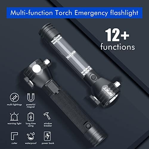 NPET NPET T10 Car Flashlight 500 Lumens LED COB Light Solar Powered USB Rechargeable Tactical Multi-Function Torch Tool with 120dB Siren Window Breaker Seat Belt Cutter Compass for Camping
