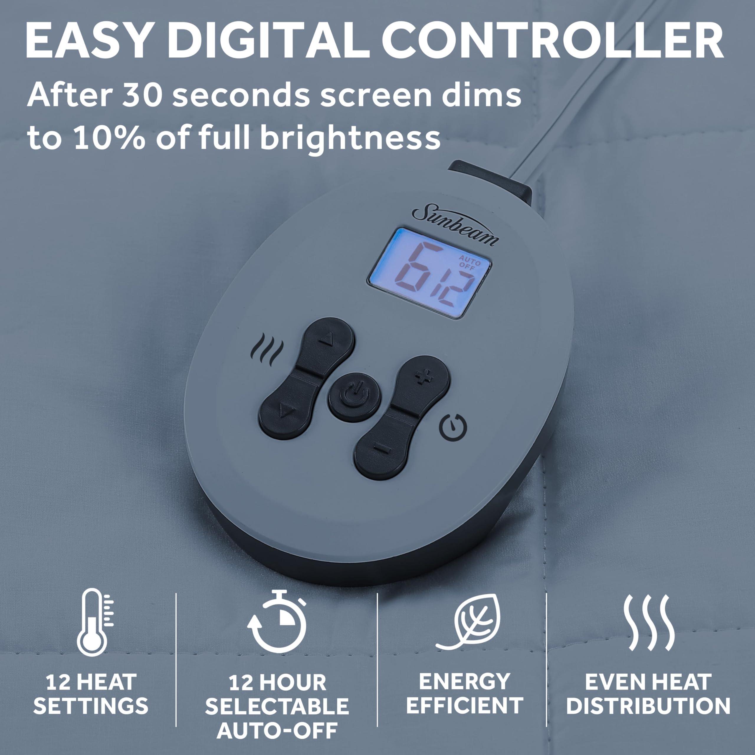 Sunbeam Sunbeam Premium Quilted Electric Heated Mattress Pad, 60\" x 80\", 12 Heat Settings, 12-Hour Auto Shut-Off, Machine Washable, Extra-Soft, White