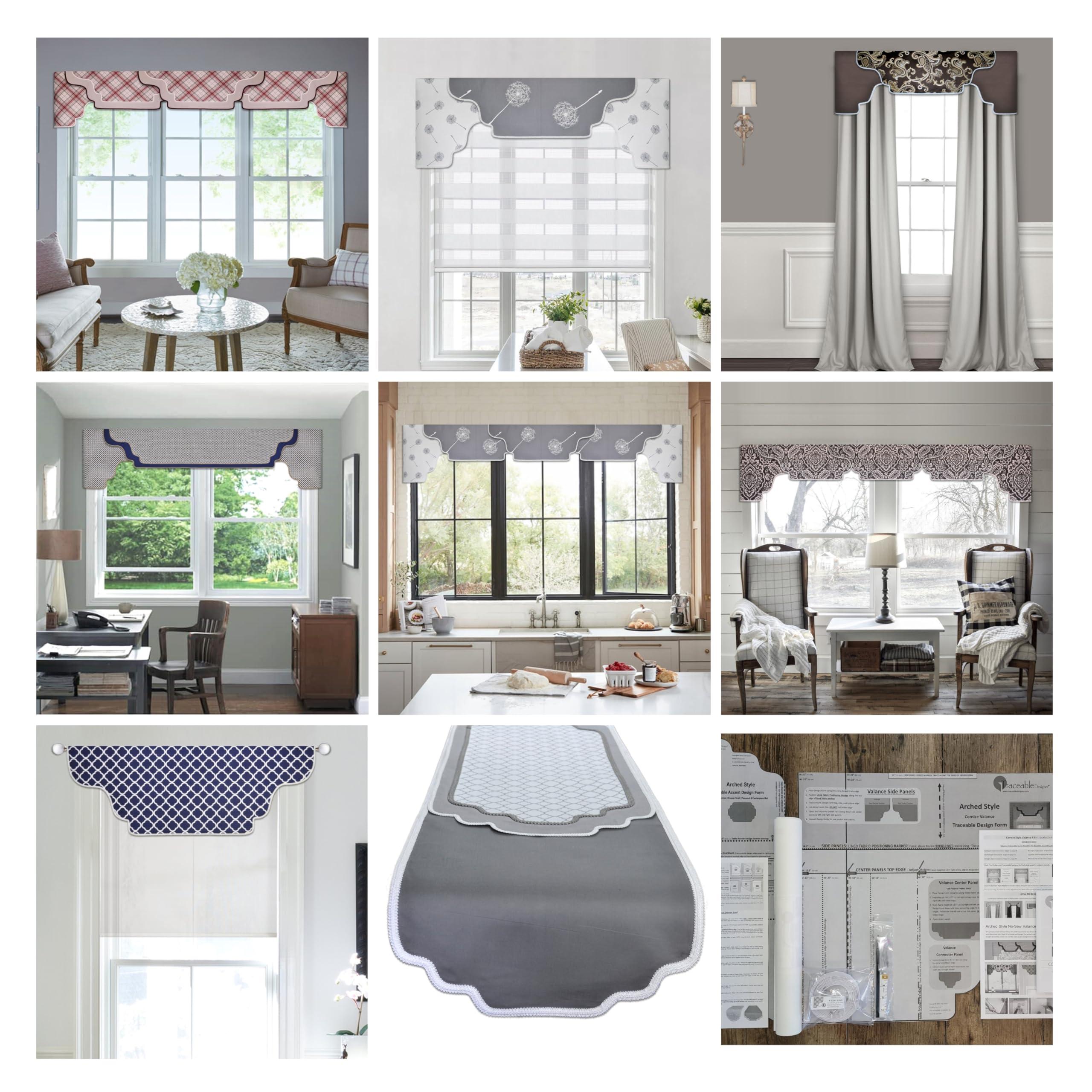 Traceable Designer Traceable Designer Arched Cornice Valance, Patented Sewing Alternative; Kit; Make No-Sew Curtains for Bedroom, Living Room,Use Over Shades or Drapes; Lined; Rod Pocket