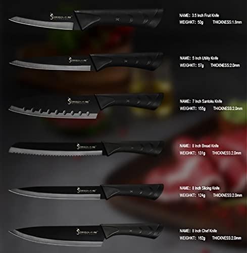 MAYiT Kitchen Knife Sets, 6pcs Black Knives Set Professional Chef Knife Tool DIY Roll Bag Portable Knives Kitchen Tools Slicing Santoku Fruit Knife with cover