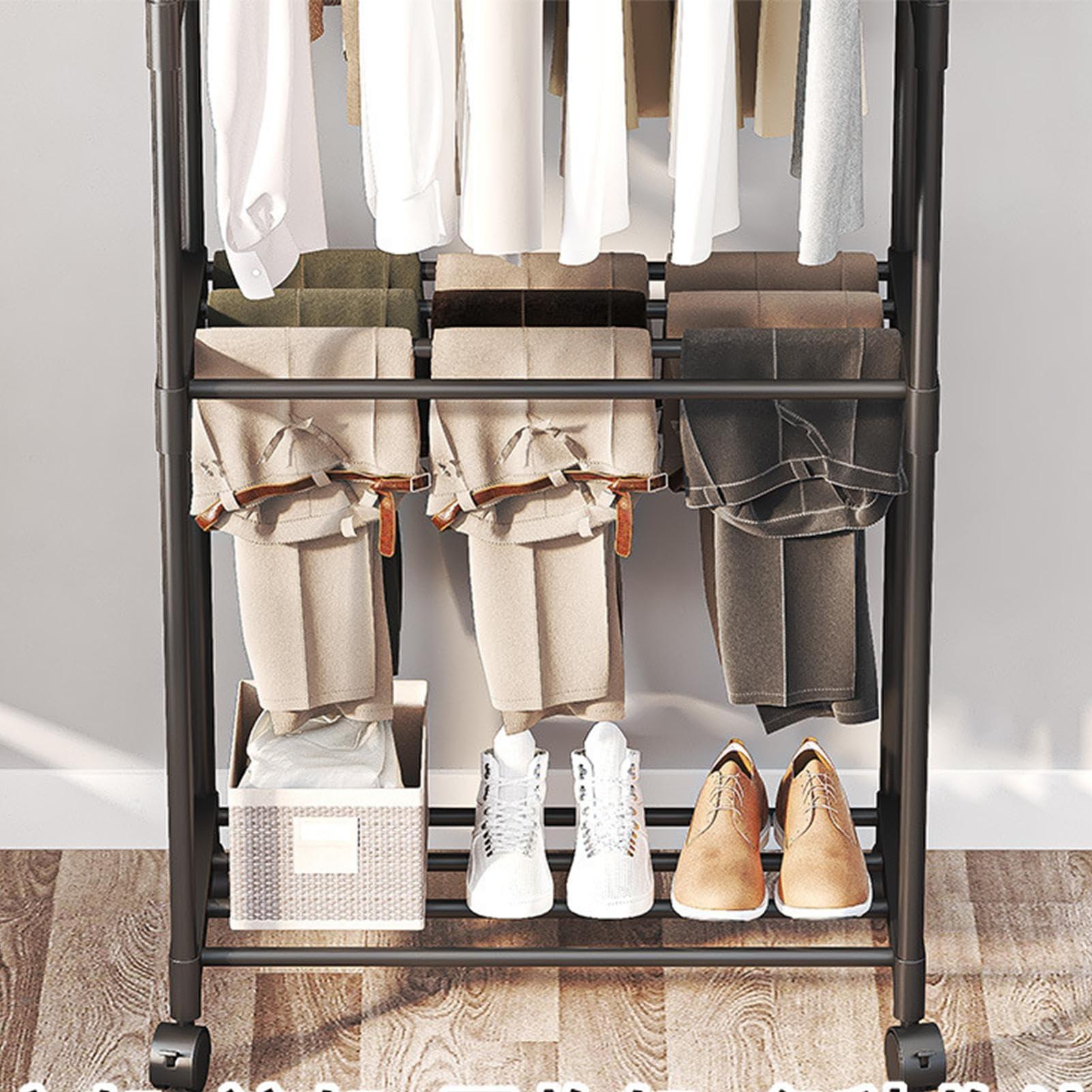 Libaroud Double Rods Clothing Rack with Wheels, Rolling Hanging Clothes Rack, Multi-functional Bedroom Clothes Rack for Bedroom, Living Room, Clothing Store