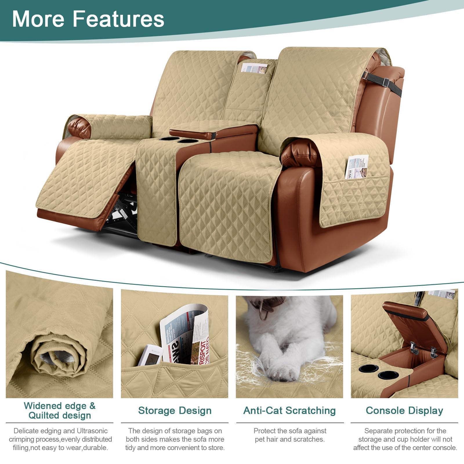 Ruaozz Ruaozz Waterproof Recliner Loveseat Cover with Console Non-Slip Couch Covers for Reclining Couches Pet Cover for Double Recliner Sofa Cover with Elastic Straps for Kid Dogs Pets (Sand, 2 Seater)