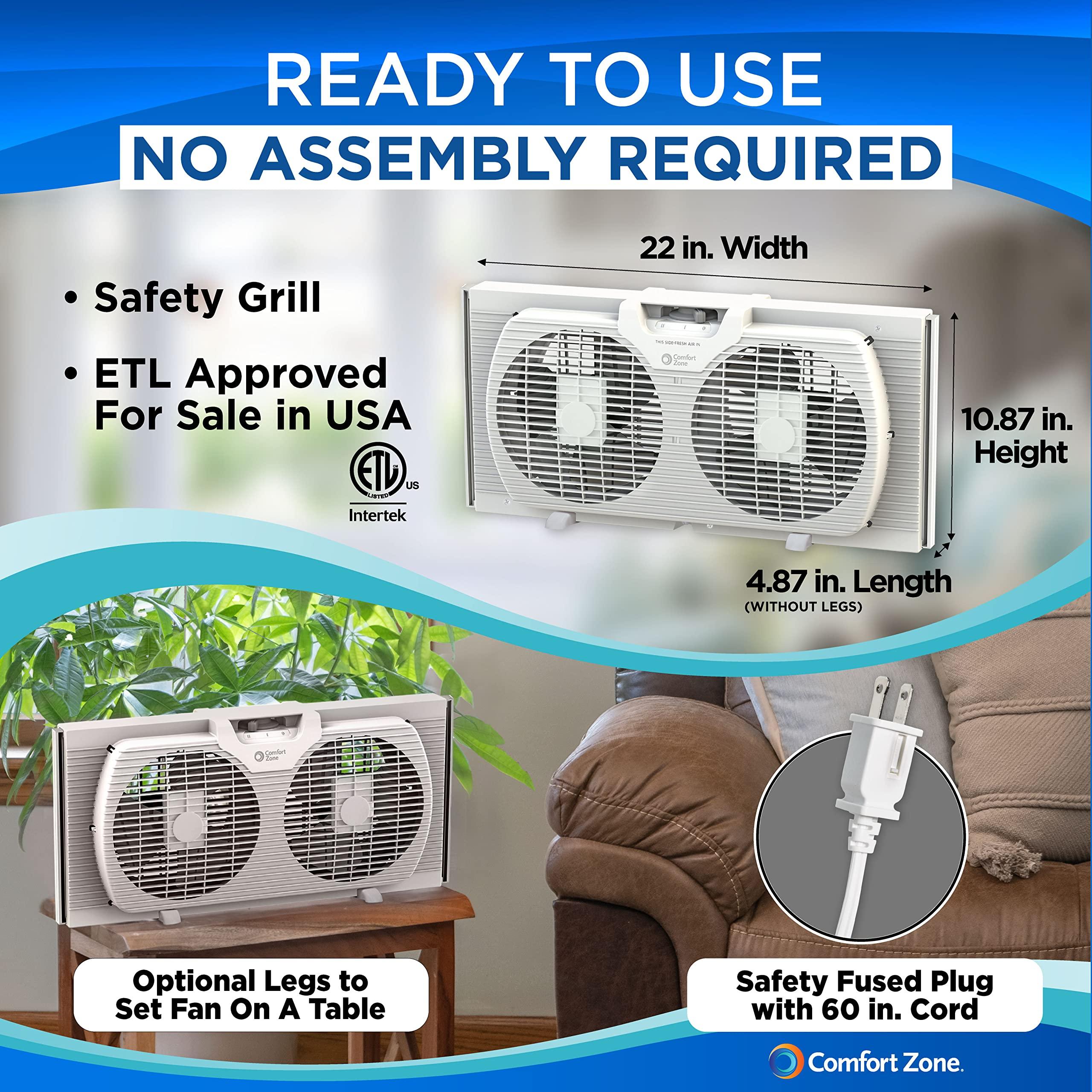 Comfort Zone Comfort Zone Twin Window Fan with Reversible Airflow Control, 9 inch, Auto-Locking Expanders, 2 Speed Fan, Dual Fan, Exhaust, Airflow 9.84 ft/sec, Ideal for Home, Kitchen, Bedroom & Office, CZ319WT